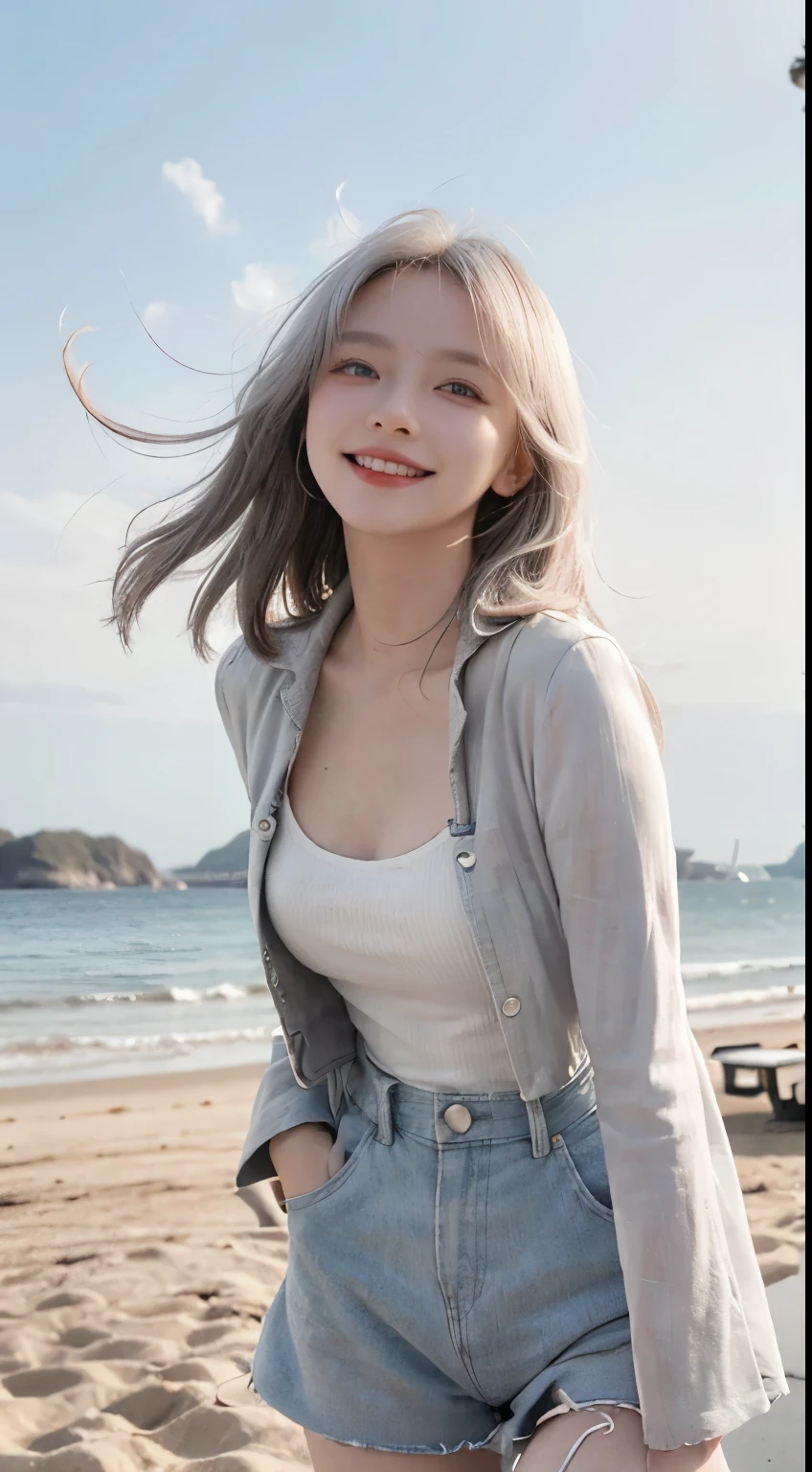 Best image quality、RAW Photos、超A high resolution、21 years old Korean、Small breasts、Dynamic Angle、Cowboy Shot、Chaos in its most beautiful form、elegant、Brutalist Design、Vibrant colors、Beautiful white hair、Short Bob、smile、fun、smile、Glowing White Skin、Beautiful eyes with random colors、Very thin lips、Beautiful eyes in every detail、 Narrow eyes、Cheeks are pale pink、Length eyelashes、Beautiful double eyelids、eye shadow、Bright white hair、Overalls、A thin see-through jacket、Sandy Beach、null、Shooting from below at an angle、Low - Angle、The wind is blowing、Hair fluttering、Uplifting