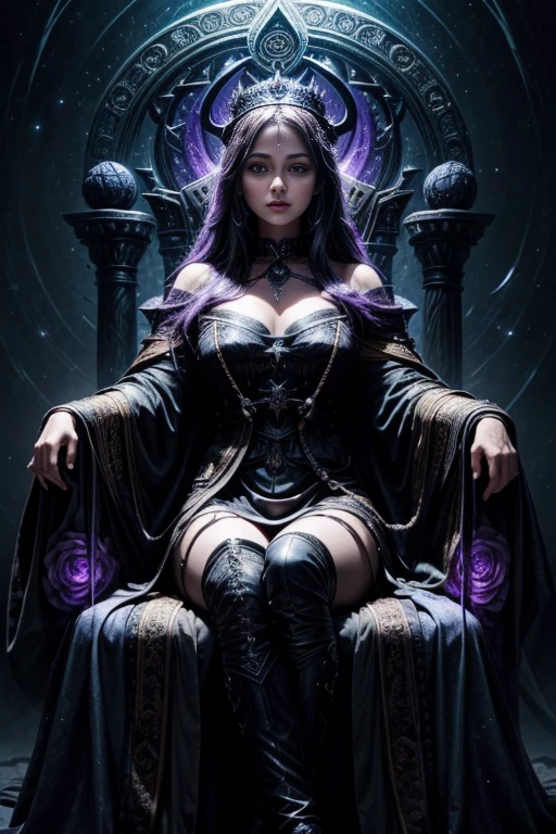 A beautiful woman, enthroned darkness triumphant,high resolution, highly detailed,Hecate, the Night,indigo, purple and black ,female, sweet, three quarter wiew,entire figure from head to toe, abstract art,digital art