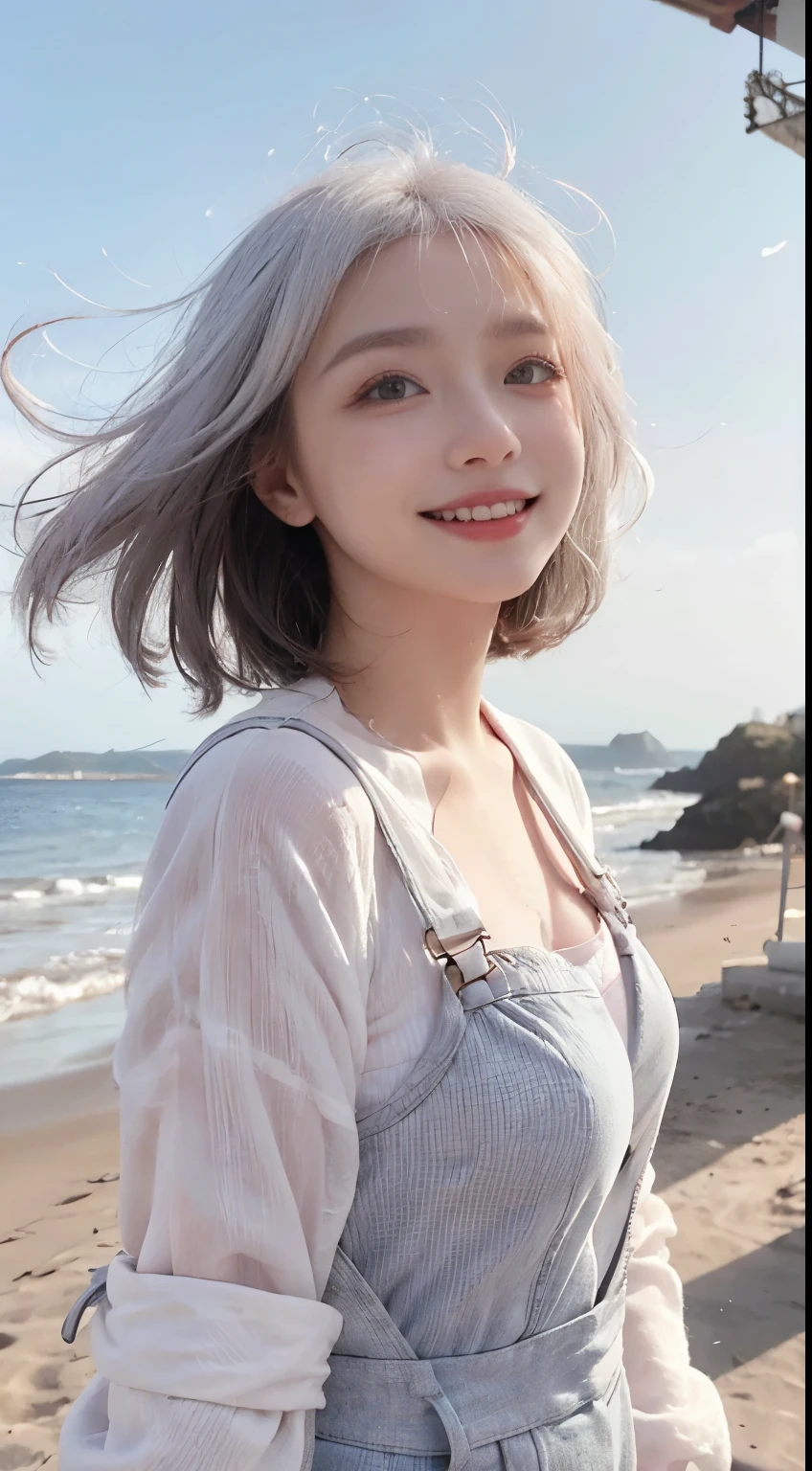 Best image quality、RAW Photos、超A high resolution、21 years old Korean、Small breasts、Dynamic Angle、Cowboy Shot、Chaos in its most beautiful form、elegant、Brutalist Design、Vibrant colors、Beautiful white hair、Short Bob、smile、fun、smile、Glowing White Skin、Beautiful eyes with random colors、Very thin lips、Beautiful eyes in every detail、 Narrow eyes、Cheeks are pale pink、Length eyelashes、Beautiful double eyelids、eye shadow、Bright white hair、Overalls、A thin see-through jacket、Sandy Beach、null、Shooting from below at an angle、Low - Angle、The wind is blowing、Hair fluttering、Uplifting