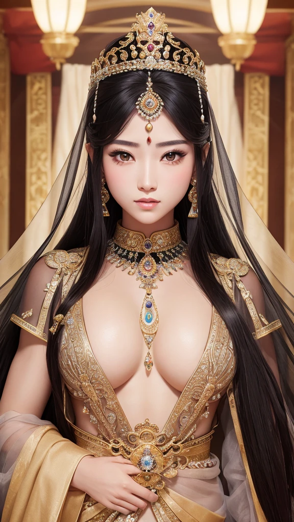 Beautiful female emperor, Transparent muscle, Beautiful appearance, There is deep wisdom in her eyes, that&#39;It&#39;s as if she sees the whole world, Wearing a luxurious white robe, Long sword, A robe fluttering in the wind and silver hair fluttering in the wind, The white robe perfectly complements her elegant figure.., The attitude is calm and idyllic, Like a perfect fairy, Yasutomo Oka&#39;s painting style, Big Breasts, Add light purple and purple, Add Light Red, Intricate details, Splash screen, 8K resolution, masterpiece, Cute Face, Big temple, mysterious magic circle background, Geometric mural, Colorful background, aura, Sharp eyes, break, blonde, Strong winds, lightning, Grenade, We buy, Arabic