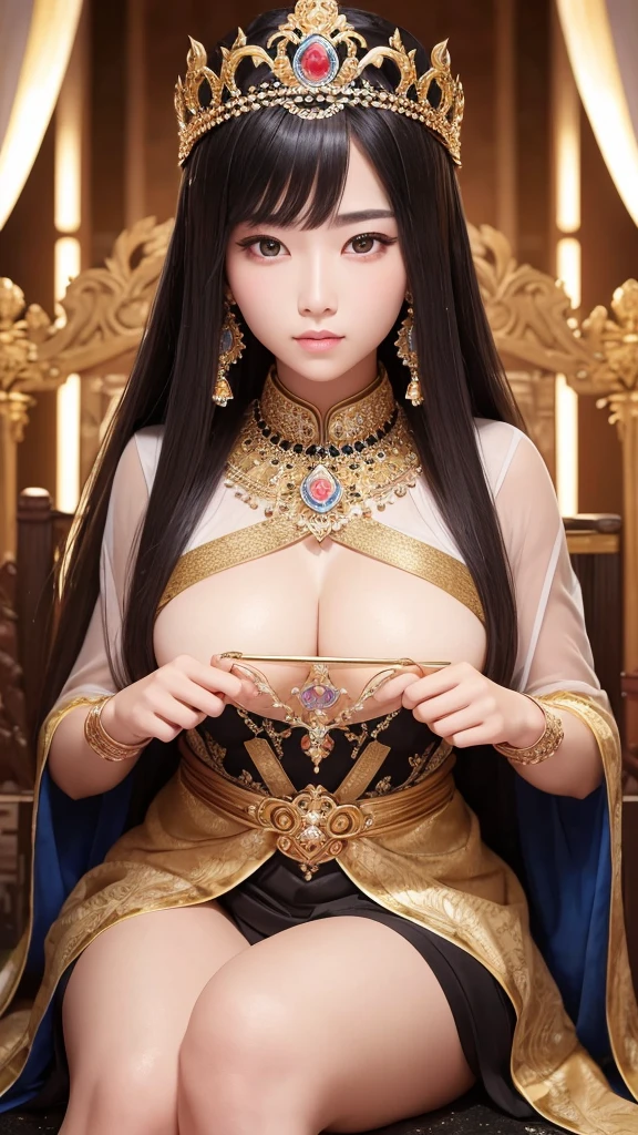 Beautiful female emperor, Transparent muscle, Beautiful appearance, There is deep wisdom in her eyes, that'It's as if she sees the whole world, Wearing a luxurious white robe, Long sword, A robe fluttering in the wind and silver hair fluttering in the wind, The white robe perfectly complements her elegant figure.., The attitude is calm and idyllic, Like a perfect fairy, Yasutomo Oka's painting style, Big Breasts, Add light purple and purple, Add Light Red, Intricate details, Splash screen, 8K resolution, masterpiece, Cute Face, Big temple, mysterious magic circle background, Geometric mural, Colorful background, aura, Sharp eyes, break, blonde, Strong winds, lightning, Grenade, We buy, Arabic