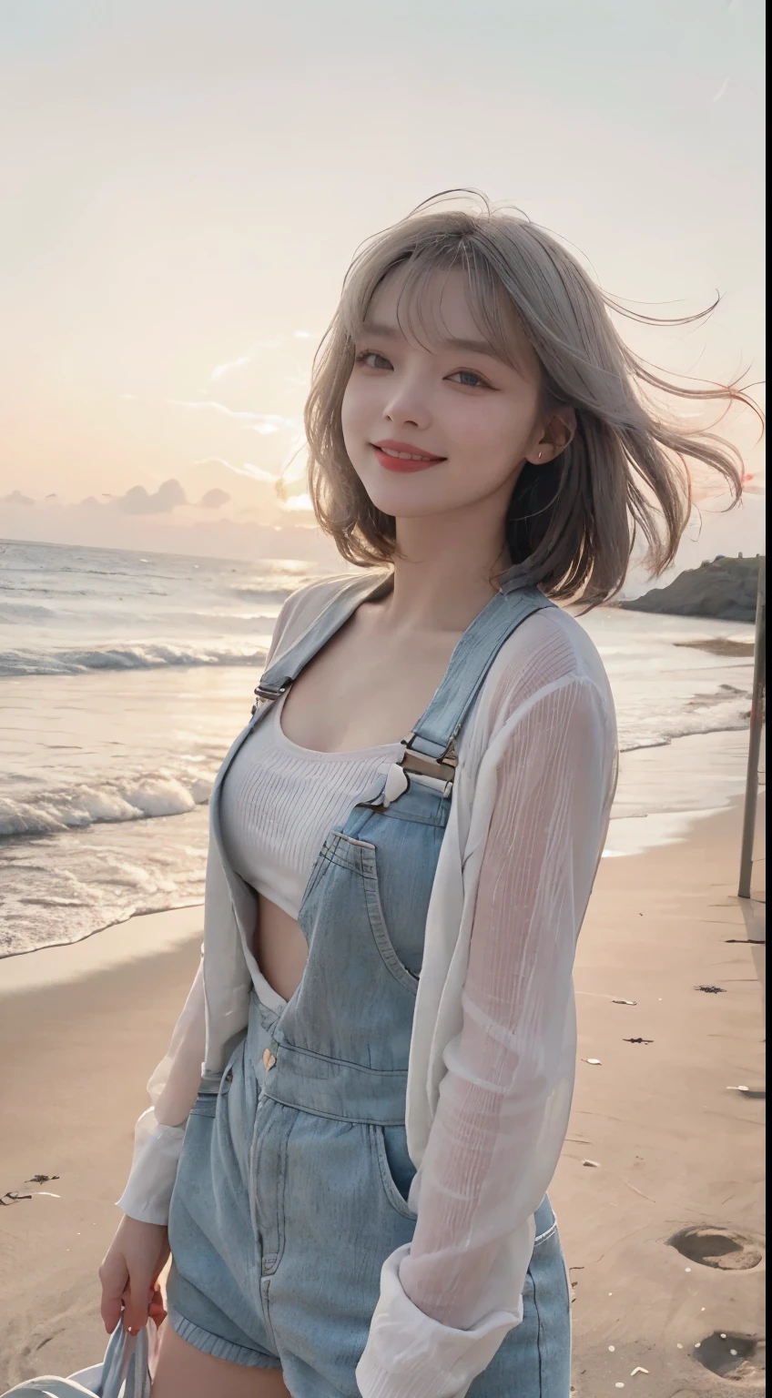 Best image quality、RAW Photos、超A high resolution、21 years old Korean、Small breasts、Dynamic Angle、Cowboy Shot、Chaos in its most beautiful form、elegant、Brutalist Design、Vibrant colors、Beautiful white hair、Short Bob、smile、fun、smile、Glowing White Skin、Beautiful eyes with random colors、Very thin lips、Beautiful eyes in every detail、 Narrow eyes、Cheeks are pale pink、Length eyelashes、Beautiful double eyelids、eye shadow、Bright white hair、Overalls、A thin see-through jacket、Sandy Beach、null、Shooting from below at an angle、Low - Angle、The wind is blowing、Hair fluttering、Uplifting