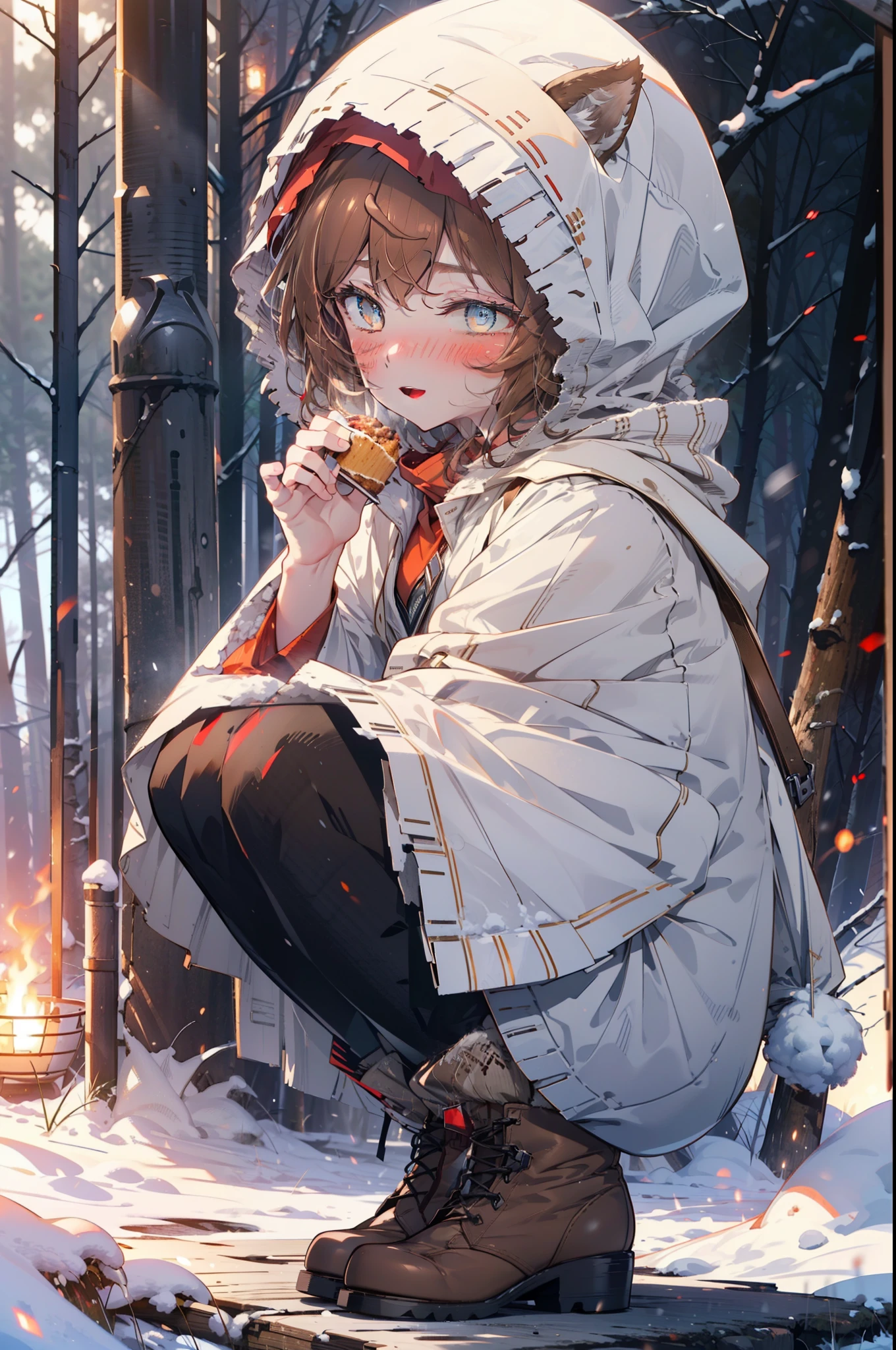 Liliru Card, Liliruca gets burned, Animal ears, (Brown eyes:1.7), Brown Hair, (Flat Chest:1.2), short hair,smile,blush,White Breath,
Open your mouth,snow,Ground bonfire, Outdoor, boots, snowing, From the side, wood, suitcase, Cape, Blurred, having meal, forest, White handbag, nature,  Squat, Mouth closed, Cape, winter, Written boundary depth, Black shoes, red Cape break looking at viewer, Upper Body, whole body, break Outdoor, forest, nature, break (masterpiece:1.2), highest quality, High resolution, unity 8k wallpaper, (shape:0.8), (Beautiful and beautiful eyes:1.6), Highly detailed face, Perfect lighting, Highly detailed CG, (Perfect hands, Perfect Anatomy),