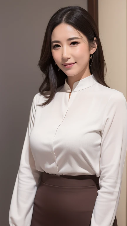 ((highest quality, 8k, masterpiece, Portraiture: 1.3)), (Observe the audience), (Full Shot:0.85), 魅力的なMature Woman, 1 person, Slightly thicker:0.35,Brown semi-long、 White blouse with collar,Grey tight skirt、(Big Breasts) (Large pelvis:0.8), (officeチェアに座っている)), smile:0.2, president'office,Good posture、(((Mature Woman))), (((56 years old)))evening、薄暗いofficeで、