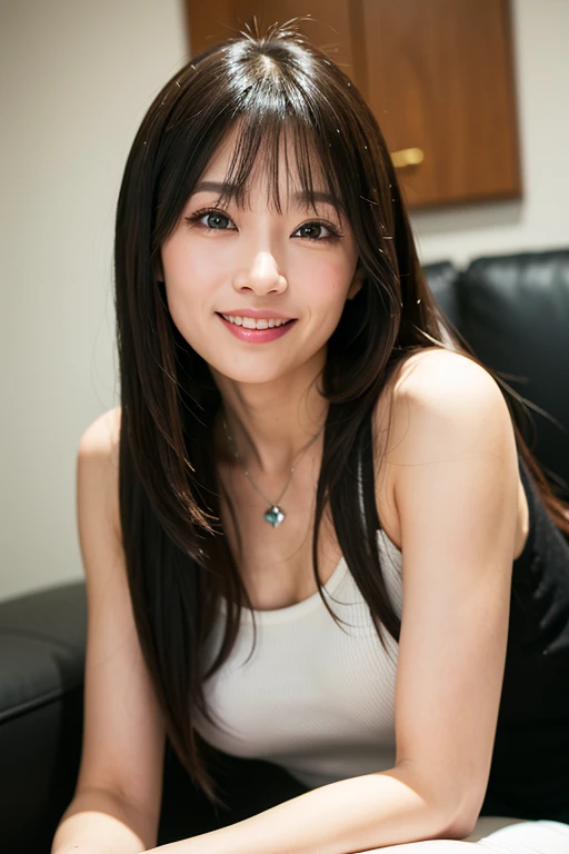 ((maSutepiece,highest quality)), (photographrealiStic:1.4),((maSutepiece,8k))、White wall、(White Room)、((Full body photo))、Shot in natural light、Highly detailed face and Skin texture、highly detailed lipS、correct State of the human body、Super high reSolution、(Photorealistic:1.4)、highest quality, 1. Beautiful Women, 38 yearS old, S, 150mm lenS、La sleeveless、JapaneSe woman、(Long black hair)、VerSatile poSeS、Looking into the camera、Natural color lip、Winter clotheS、 necklace、indoor、smile、Mouth open、Similar to Mayu Hotta