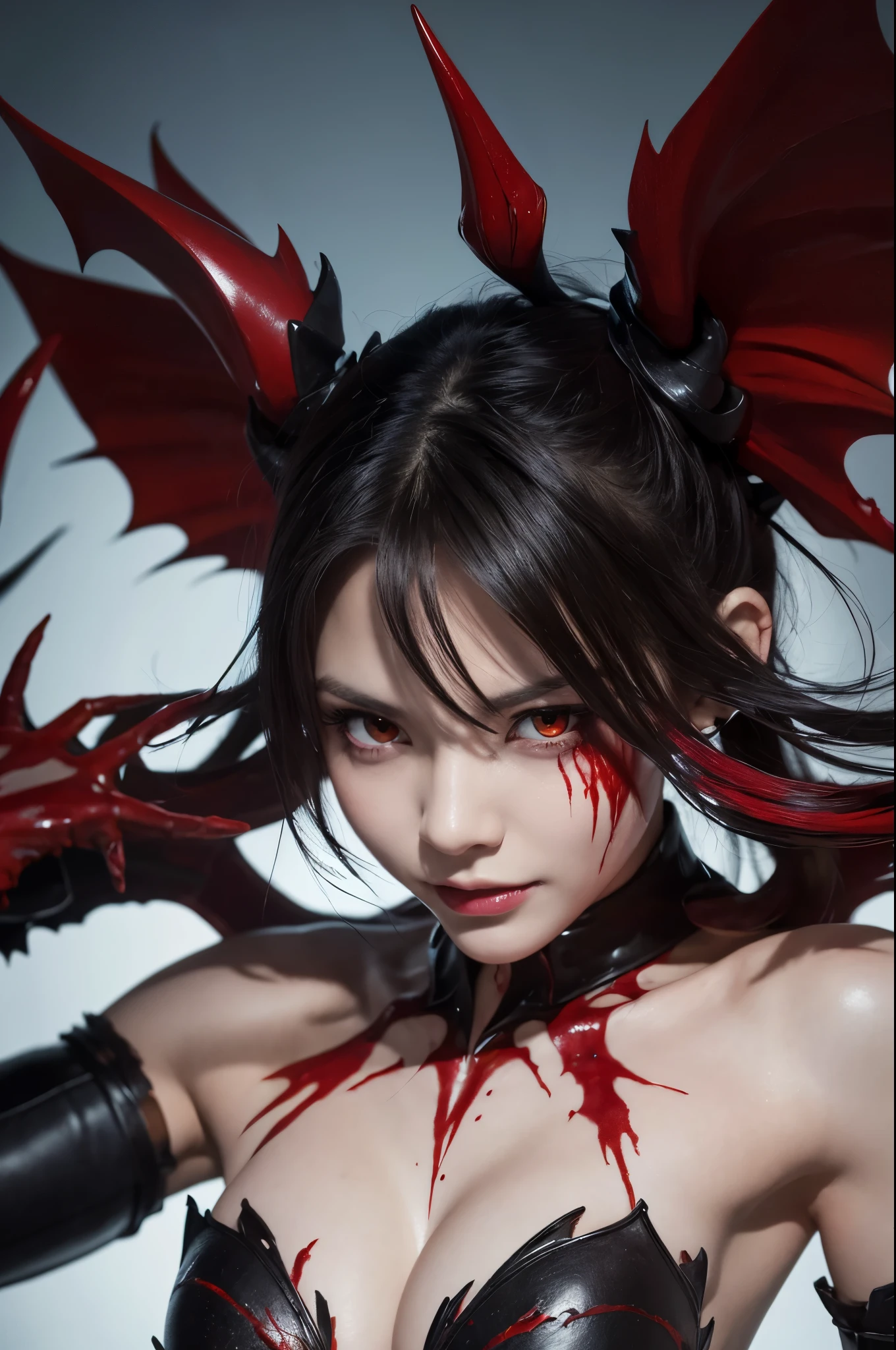 8K,A demon of the abyss with large, wild fangs.,Devil horns,Scary face,Strong and bulging muscles,Strong Macho,Tattered Gauntlets,Strong and big fist,Bright Red Eyes,Abyssal Land,Perfect Anatomy,charm,Volume measurement,Body balance,Digital single-lens reflex camera, Soft lighting, Detailed Background, Written boundary depth, Volumetric lighting, Sharp focus, Absurd, Realistic proportions, Excellent anatomy, (Realistic, 超Realistic:1.4), 16K HDR, dawn,A High Resolution,super Realistic 肌,Super beautiful expression,Fantasy art,Character Art,Wind effects:1.9、Cloud Effect:1.2、Full Rendering、Professional quality high resolution、Perfect contrast、Perfect lighting、Perfect composition、Perfect Skin、Perfect Fingers、Perfect breasts、Perfect Hair、Perfect Face、Realistic facial features,super highest quality,Slim figure,Perfect body line,Perfect hand shape,Anatomical body balance,Highly detailed face,Highly detailed eyes,Beautiful Lips,Excellent light particles,Cinema Lighting,Makeup,Ultra-high resolution,Ultra-Realistic Skin,Dynamic pose,Bright Red Eyes,Bathing the whole body with blood,Pump Up,Beastly smile,Sharp Eyes,Bloody,Blood splattered on face,