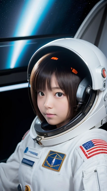 (8k, RAW photo, best quality, masterpiece:1.2), High detail RAW color photo, professional photograph, (realistic, photo realistic:1.37), ((best quality)),A beautiful japanese girl piloting an interplanetary space shuttle rocket,outer space, cockpit like a set from a science fiction movie,((the girl is )),