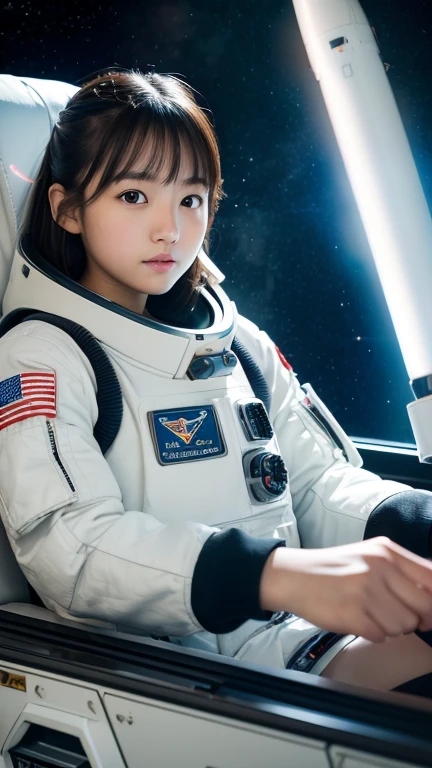 (8k, RAW photo, best quality, masterpiece:1.2), High detail RAW color photo, professional photograph, (realistic, photo realistic:1.37), ((best quality)),A beautiful japanese girl piloting an interplanetary space shuttle rocket,outer space, cockpit like a set from a science fiction movie,((the girl is 15 years old)),