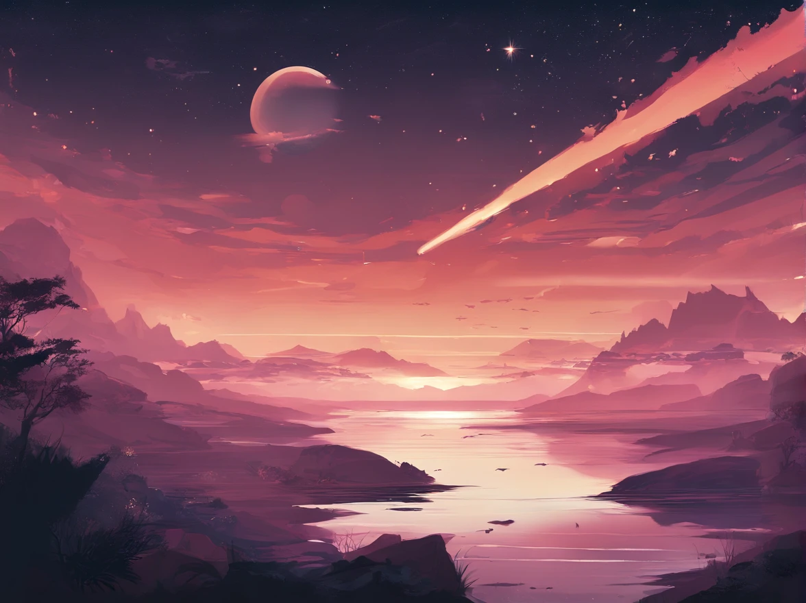 The vast sky: Showing the vastness of the night sky, Let stars and shooting stars take up a large part of the composition., Dynamic meteor: Capturing the motion and energy of meteors streaking across the sky, Create a sense of movement and wonder., Tranquil scenery: Consider adding tranquil landscaping, Such as distant mountains or calm waters, Enhances feelings of peace and tranquility.