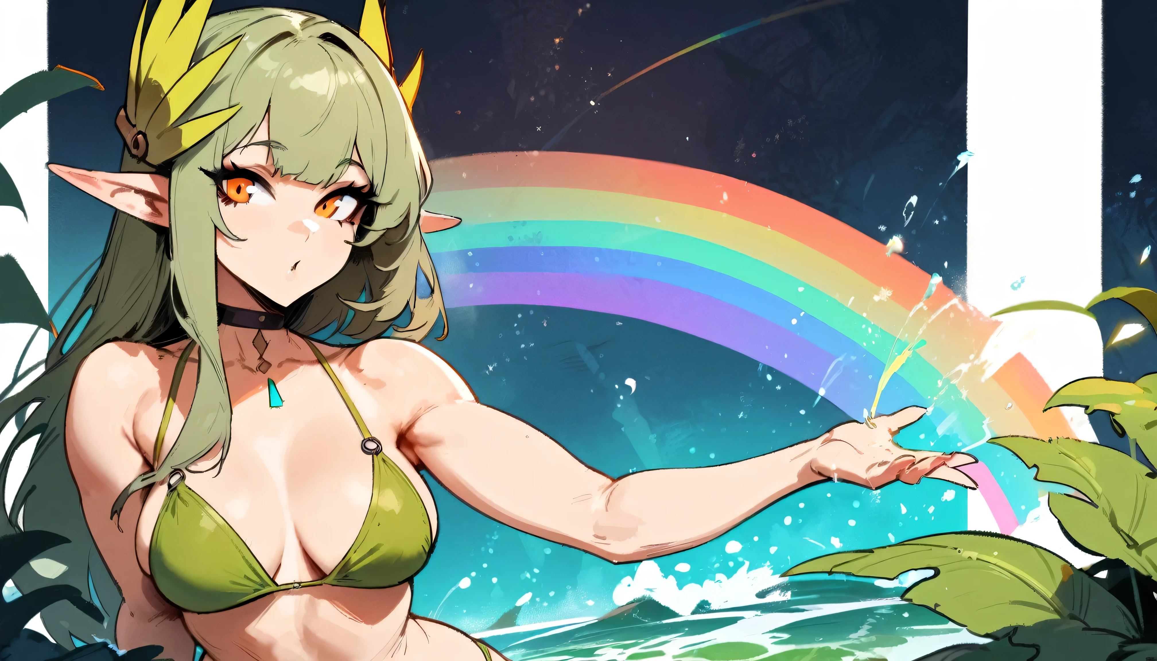 1girl, muelsyse \(arknights\), arknights \\\\\ masterpiece, best quality, very aesthetic, absurdres, newest \\\\\\ simple background, space background. bikini, greenery, water, orange eyes,elf ears, slim body,///// ,by nyantcha, cutesexyrobutts, by khyle,,////// 18 years old girl, ,,solo, , rainbow,