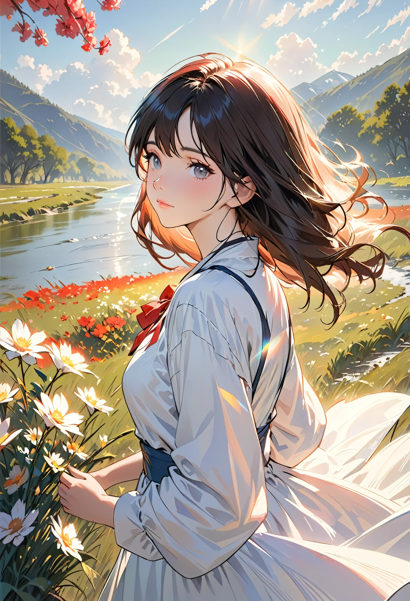 Portrait of a lovely woman in a bright windy field, river, (Backlight), Practical, masterpiece, best quality, lens flare, In the shade, bloom, [[Chromatic Aberration]], author：Jeremy Lipking, author Antonio J. Manzanedo, number, Style-GlassFinal, Natural skin texture