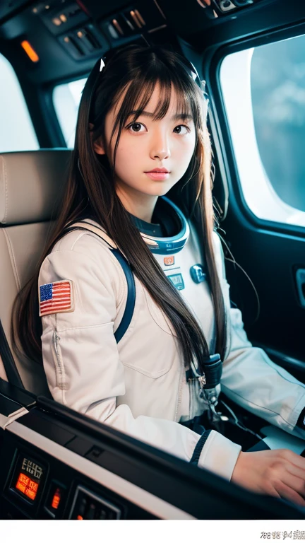 (8k, RAW photo, best quality, masterpiece:1.2), High detail RAW color photo, professional photograph, (realistic, photo realistic:1.37), ((best quality)),A beautiful japanese girl piloting an interplanetary space shuttle rocket,outer space, cockpit like a set from a science fiction movie,((the girl is 18 years old)),