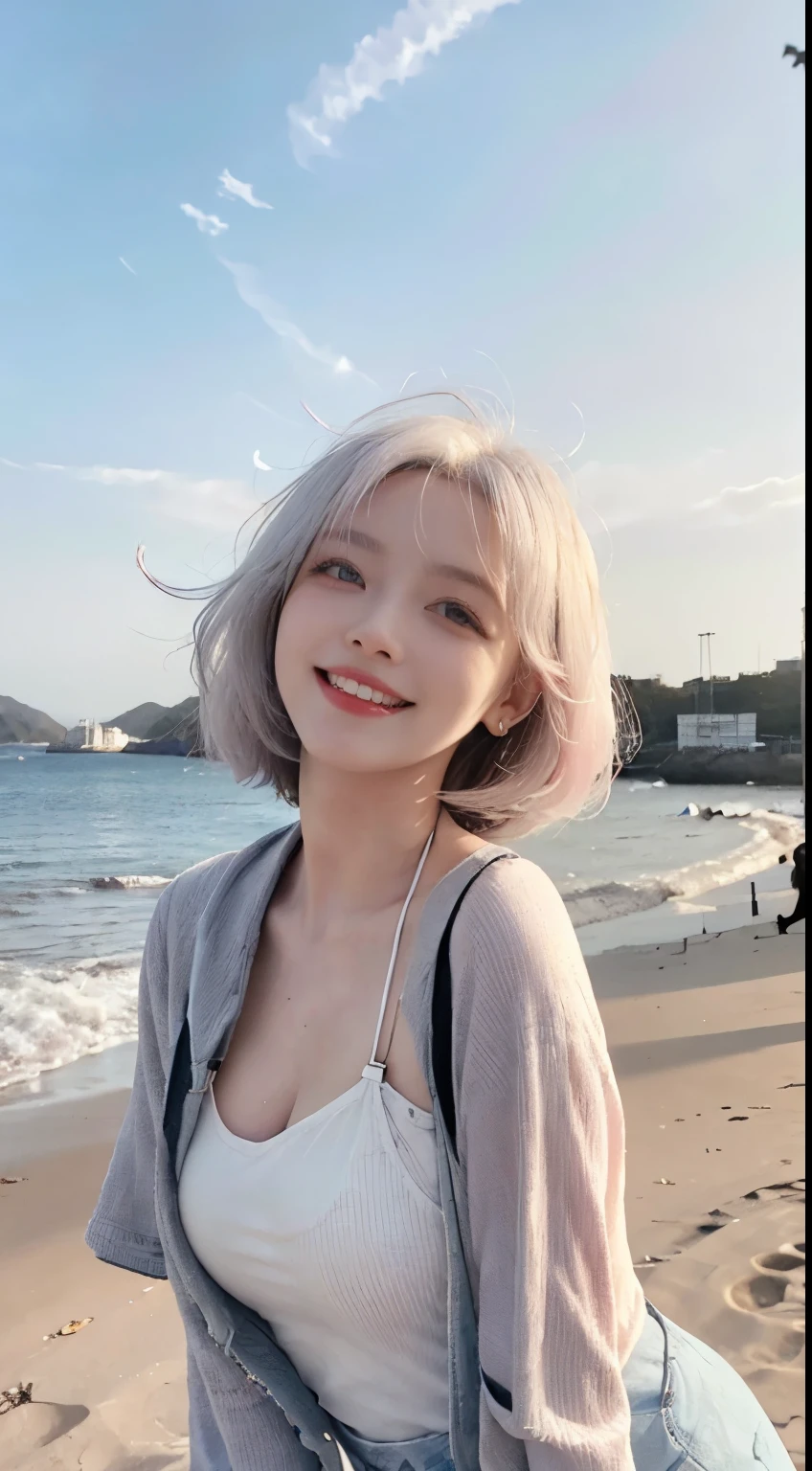 Best image quality、RAW Photos、超A high resolution、21 years old Korean、Small breasts、Dynamic Angle、Cowboy Shot、Chaos in its most beautiful form、elegant、Brutalist Design、Vibrant colors、Beautiful white hair、Short Bob、smile、fun、smile、Glowing White Skin、Beautiful eyes with random colors、Very thin lips、Beautiful eyes in every detail、 Narrow eyes、Cheeks are pale pink、Length eyelashes、Beautiful double eyelids、eye shadow、Bright white hair、Overalls、A thin see-through jacket、Sandy Beach、null、Shooting from below at an angle、Low - Angle、The wind is blowing、Hair fluttering、Uplifting、Full body photography、