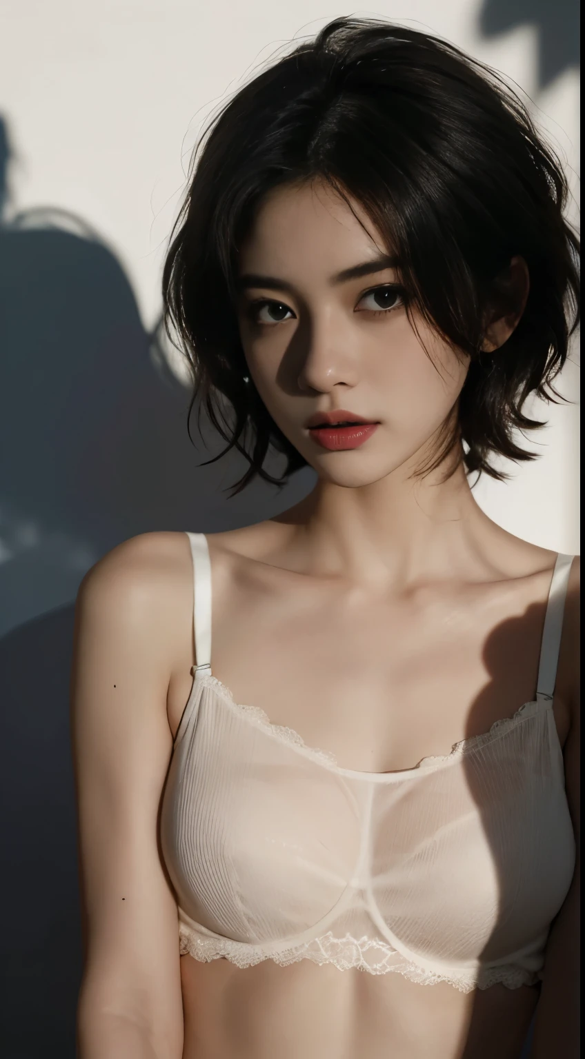 Best quality, masterpiece, ultra high res, (photorealistic:1.5), raw photo, 1girl,, in the dark, deep shadow, low key, cold light, sexy look, short hair, smooth , sexy , leaf shadow, black badge bra, sheer top