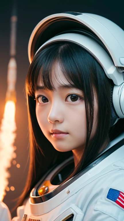 (8k, RAW photo, best quality, masterpiece:1.2), High detail RAW color photo, professional photograph, (realistic, photo realistic:1.37), ((best quality)),A beautiful japanese girl piloting an interplanetary space shuttle rocket,outer space, cockpit like a set from a science fiction movie,((the girl is )),