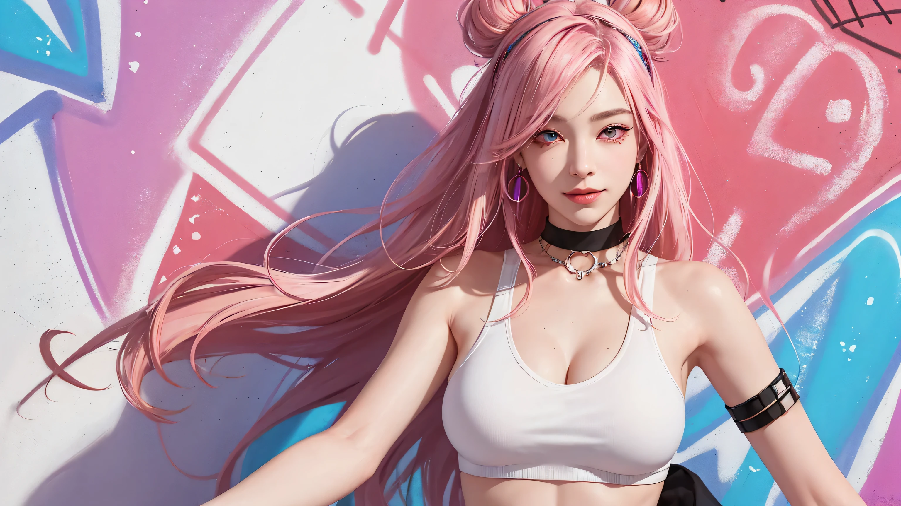 (Masterpiece, best quality, 1 girl, alone, complicated details, Chromatic aberration), realistic, ((Moderate breath)),long hair, pink hair, Red headpiece, Pink Highlights, hair on one eye,purple eyes, earring, sharp eyes, choker, Neon coat, She wears a collar, bangle, and kimono style garters., crop top, (symmetrical eyes),(Perfect symmetrical body),against the wall, Brick wall, (colorful graffiti words on the wall:1.2), The light is dim., alley ,Look at the viewer.、Dig the chest、smile、(sleeveless、Navel touch、Fitted turtleneck.)、street string hot pants、Thin bottom、Please build above the eaves..、Thin shoulders、in underwear、