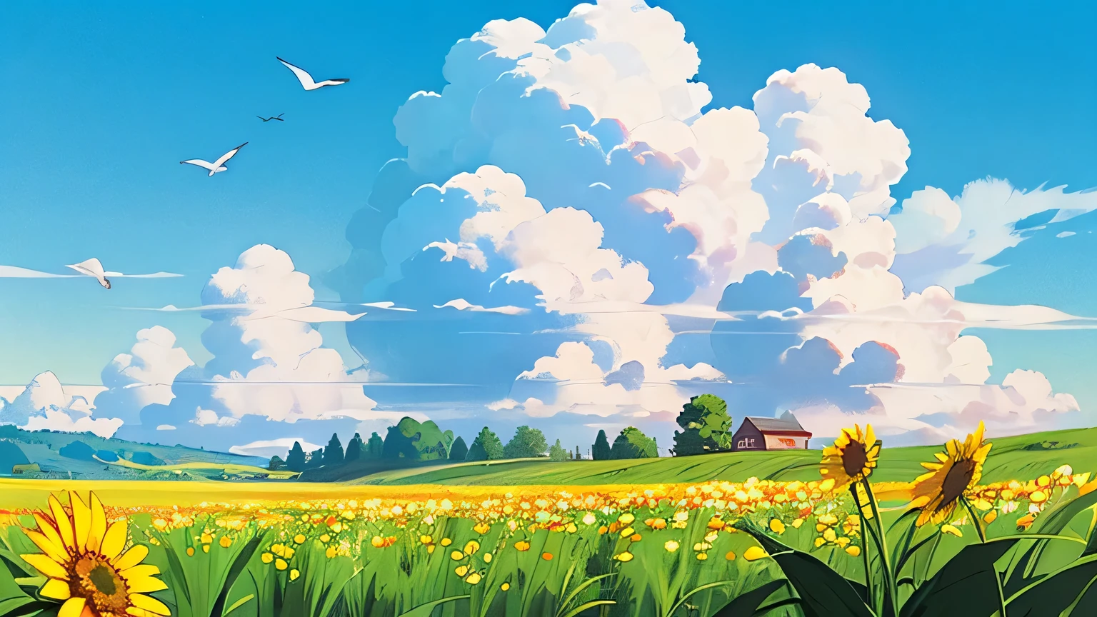 (((best quality))),blue_sky, cloud, cloudy_sky, condensation_trail, dandelion, day, field, flower, flower_field, holding_flower, horizon, kazami_yuuka, mountain, mountainous_horizon, outdoors, sky, straw_hat, summer, no human, house, bird