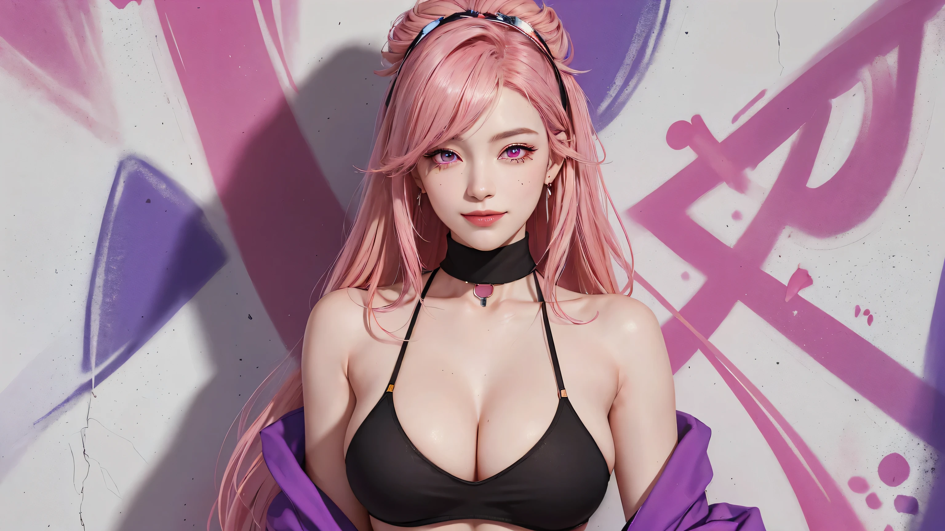(Masterpiece, best quality, 1 girl, alone, complicated details, Chromatic aberration), realistic, ((Moderate breath)),long hair, pink hair, Red headpiece, Pink Highlights, hair on one eye,purple eyes, earring, sharp eyes, choker, Neon coat, She wears a collar, bangle, and kimono style garters., crop top, (symmetrical eyes),(Perfect symmetrical body),against the wall, Brick wall, (colorful graffiti words on the wall:1.2), The light is dim., alley ,Look at the viewer.、Dig the chest、smile、(sleeveless、Navel touch、Fitted turtleneck.)、street string hot pants、Thin bottom、Please build above the eaves..、Thin shoulders、in underwear、