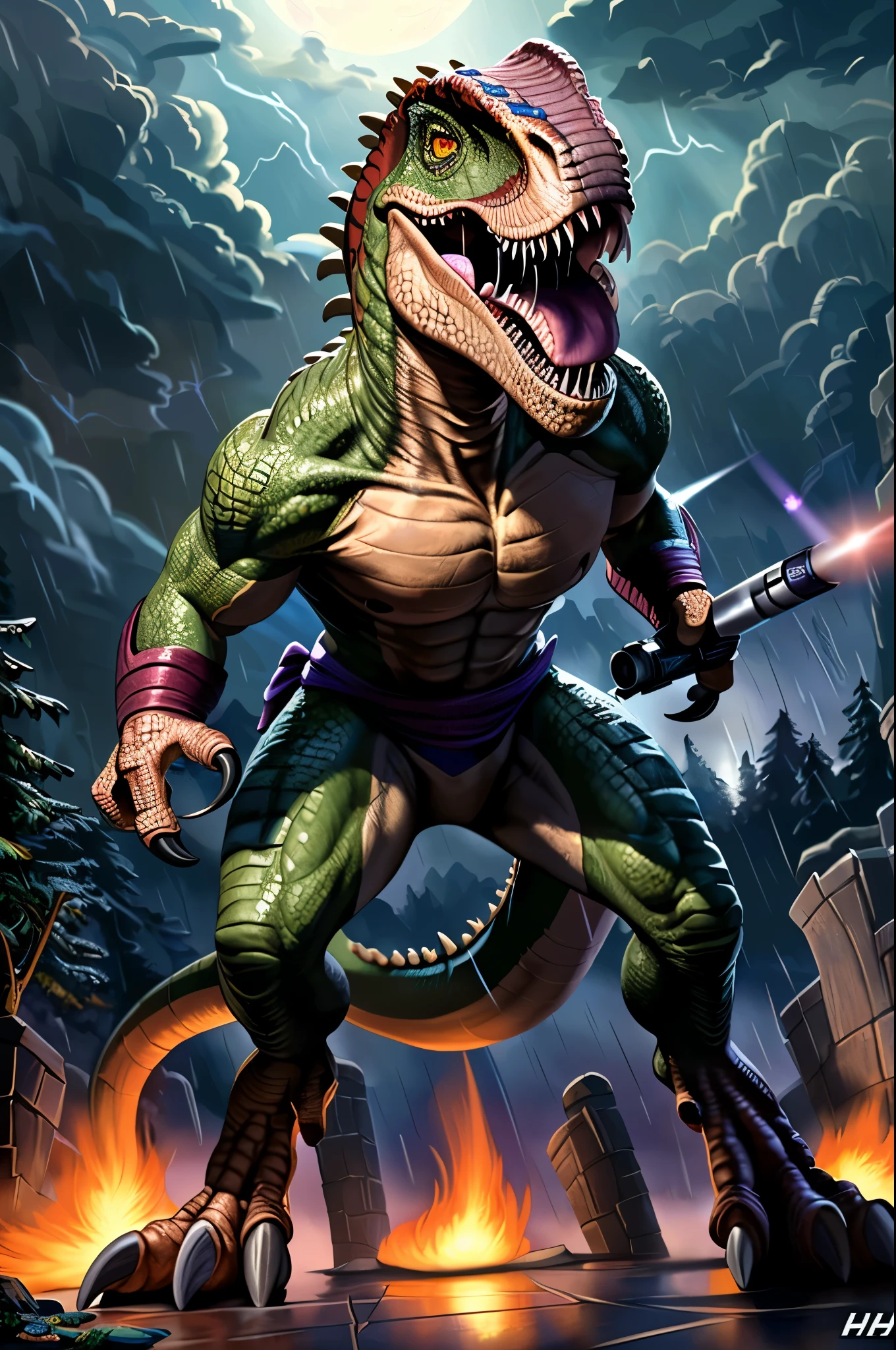 (((dinosaur character, full body, cinematic setting, lizard male))) Here I come, drop your jaws to the floor I'm riding on my (((mighty laser-shooting dinosaur))) Here we come, can you hear him roar? Prepare for epic fight and his (((laser missiles))) The sound is boom, boom, boom for every time a goblin dies Let's sing now, here we go, hear my battle cries (((Made of metal))) from the moon Assembled by samurai His battery gets charged by thunderstorm With most advanced AI Devouring trolls and unicorns From his maw there comes a flame Burning away our enemies And therefore we proclaim BREAK, detailed background, 8K, (masterpiece:1.5), intricate details, highly detailed, extreme detail, octane render, fine art, best quality, highres, (detailed face:1.5), ((full_body)), UHD, (((perfect hands))), low light