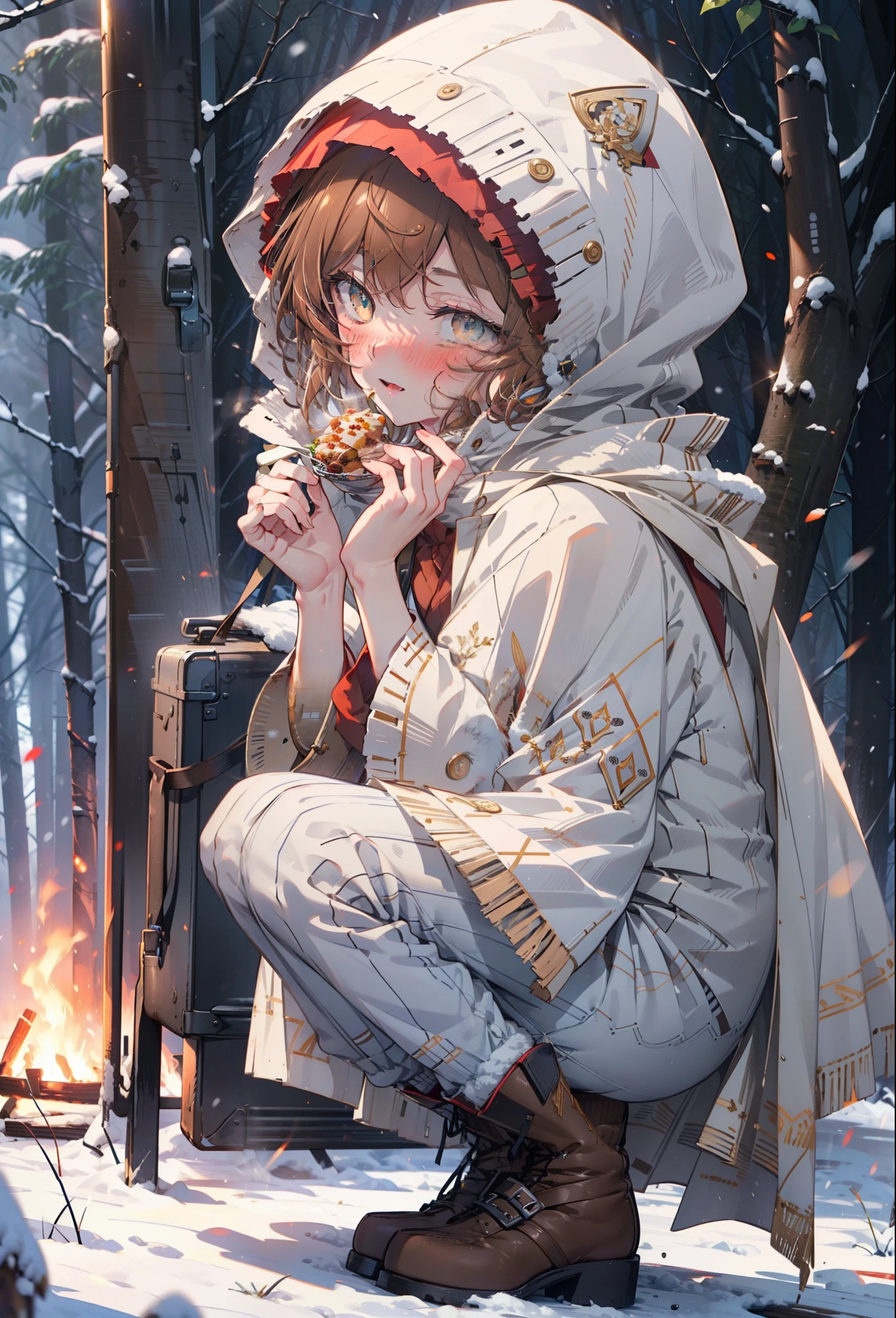 Liliru Card, Liliruca gets burned, Animal ears, (Brown eyes:1.7), Brown Hair, (Flat Chest:1.2), short hair,smile,blush,White Breath,
Open your mouth,snow,Ground bonfire, Outdoor, boots, snowing, From the side, wood, suitcase, Cape, Blurred, having meal, forest, White handbag, nature, Squat, Mouth closed, Cape, winter, Written boundary depth, Black shoes, red Cape break looking at viewer, Upper Body, whole body, break Outdoor, forest, nature, break (masterpiece:1.2), highest quality, High resolution, unity 8k wallpaper, (shape:0.8), (Beautiful and beautiful eyes:1.6), Highly detailed face, Perfect lighting, Highly detailed CG, (Perfect hands, Perfect Anatomy),