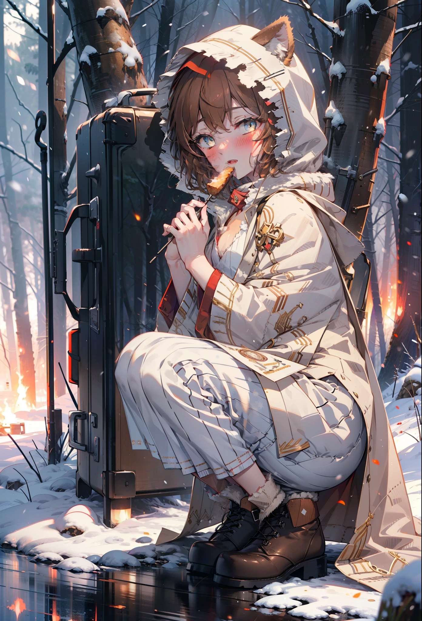Liliru Card, Liliruca gets burned, Animal ears, (Brown eyes:1.7), Brown Hair, (Flat Chest:1.2), short hair,smile,blush,White Breath,
Open your mouth,snow,Ground bonfire, Outdoor, boots, snowing, From the side, wood, suitcase, Cape, Blurred, having meal, forest, White handbag, nature, Squat, Mouth closed, Cape, winter, Written boundary depth, Black shoes, red Cape break looking at viewer, Upper Body, whole body, break Outdoor, forest, nature, break (masterpiece:1.2), highest quality, High resolution, unity 8k wallpaper, (shape:0.8), (Beautiful and beautiful eyes:1.6), Highly detailed face, Perfect lighting, Highly detailed CG, (Perfect hands, Perfect Anatomy),