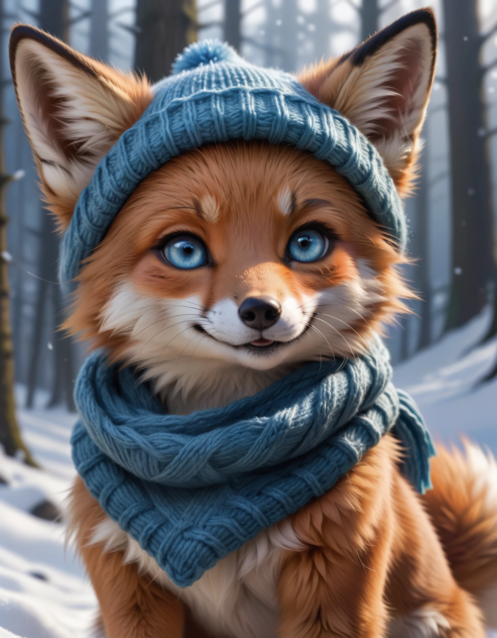 (masterpiece:1.1), (highest quality:1.1), (HDR:1.0), (masterpiece photo:1.3) of (ultra detailed look:1.3), (cosy:1), a cute and adorable tiny fox, in forest, close up, detailed eyes, sharp focus, blue scarf, cute hat, (airy colors)