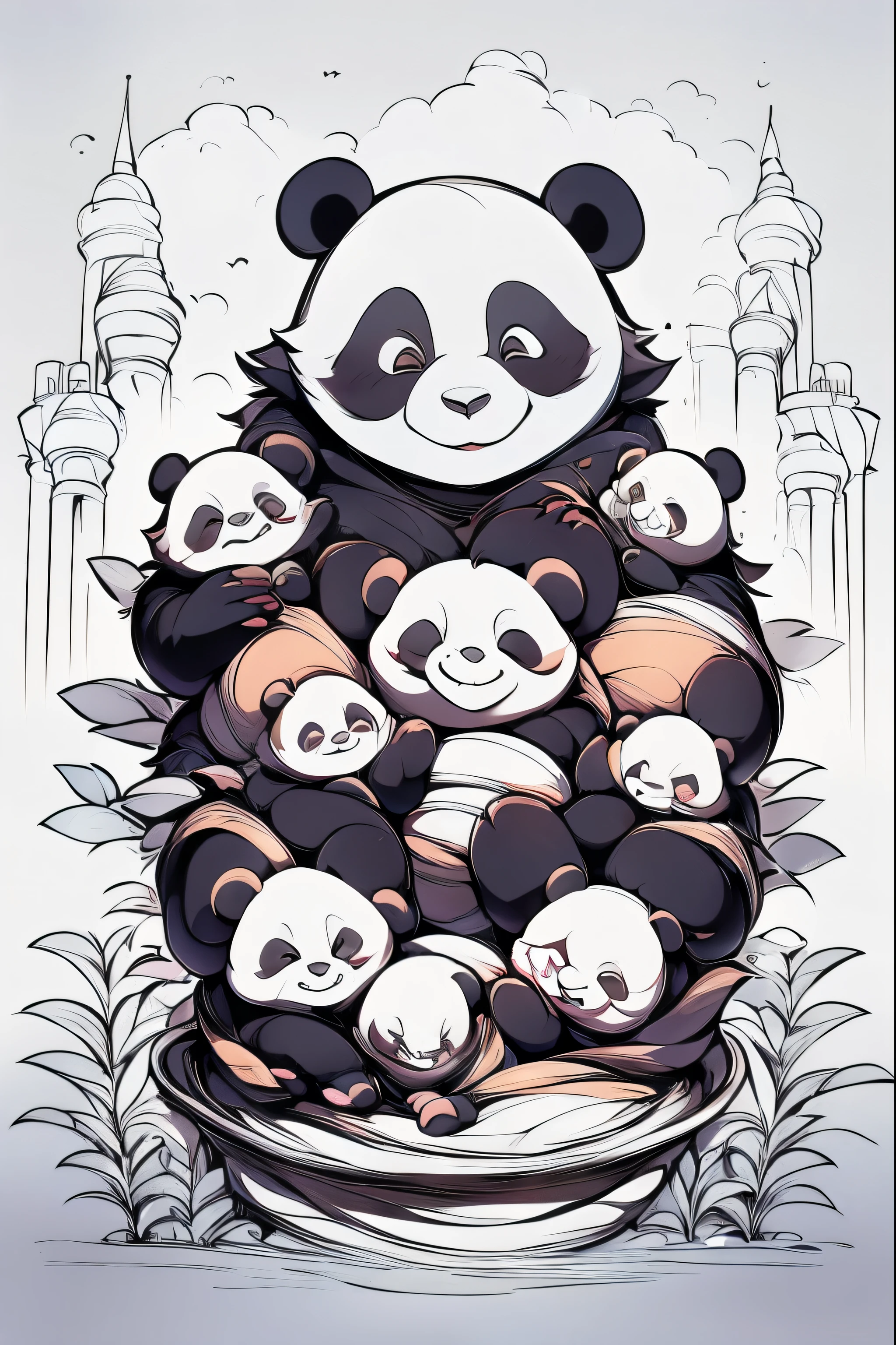 score_9, score_8_up, score_7_up, score_6_up, score_5_up, score_4_up, 3d perspective, depth, Panda family sightseeing Baldur's Gate 3, masterpiece, coloring-book, Multiple pandas, masterpiece, highly detailed, splash-art,