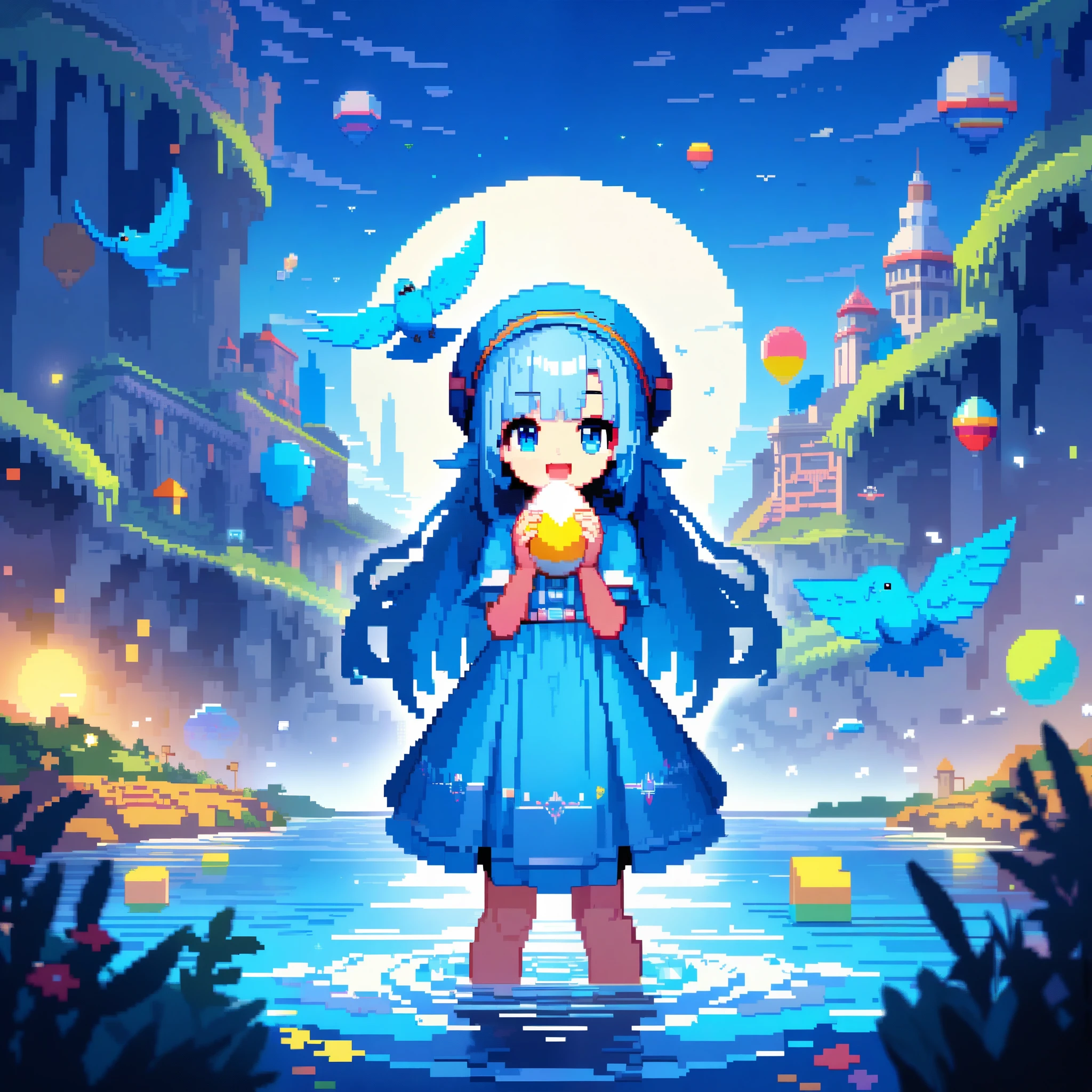 32k, best quality, ultra high res, HDR, UHD, extremely detailed CG, unity 32k wallpaper, A world full of eggs, 18-year-old, Holding a rainbow-colored egg in both hands, Very cute girl, Blue Hair, Long Hair, blue eyes, A beautiful and cute blue dress, from the front, A very beautiful sea background, Standing on the water, Particles that glow blue, bird, cloud, Egg with wings, Close your mouth and smile happily, A cute hat with blue feathers,  (wing), full moon, In a retro 3D pixel art style, the cute robot cat with big claws and large guns is depicted with blocky, pixelated shapes and limited color palettes, reminiscent of classic video game graphics. The design evokes a nostalgic feel, with simple yet charming character designs and environments. The background is a pixelated, retro-futuristic landscape with geometric shapes and bright colors, reminiscent of vintage arcade games. This high-quality, high-resolution artwork, ideal for 16k wallpaper and 32k HD HDR, captures the nostalgic appeal of retro 3D pixel art, enhanced by Unreal Engine for smooth animations and vibrant retro visuals.