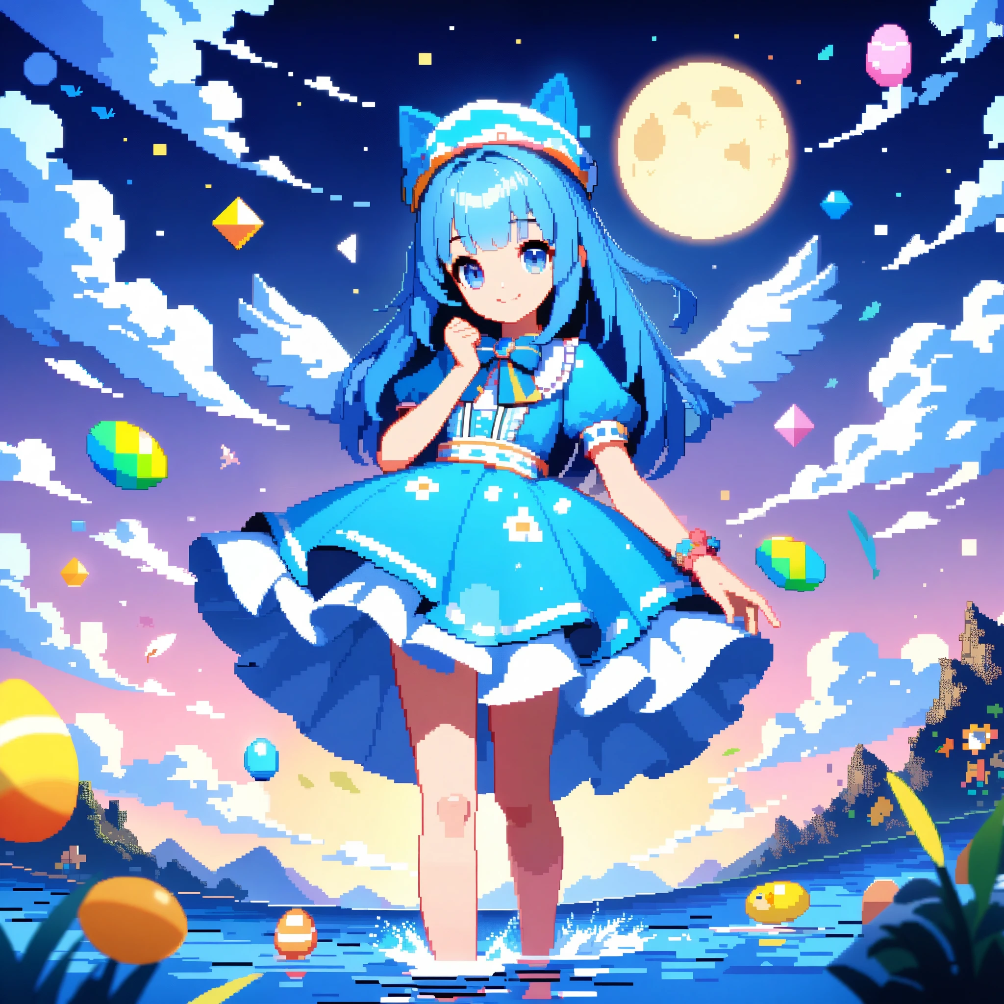32k, best quality, ultra high res, HDR, UHD, extremely detailed CG, unity 32k wallpaper, A world full of eggs, 18-year-old, Holding a rainbow-colored egg in both hands, Very cute girl, Blue Hair, Long Hair, blue eyes, A beautiful and cute blue dress, from the front, A very beautiful sea background, Standing on the water, Particles that glow blue, bird, cloud, Egg with wings, Close your mouth and smile happily, A cute hat with blue feathers, (wing), full moon, In a retro 3D pixel art style, the cute robot cat with big claws and large guns is depicted with blocky, pixelated shapes and limited color palettes, reminiscent of classic video game graphics. The design evokes a nostalgic feel, with simple yet charming character designs and environments. The background is a pixelated, retro-futuristic landscape with geometric shapes and bright colors, reminiscent of vintage arcade games. This high-quality, high-resolution artwork, ideal for 16k wallpaper and 32k HD HDR, captures the nostalgic appeal of retro 3D pixel art, enhanced by Unreal Engine for smooth animations and vibrant retro visuals.