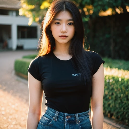 Thai woman 25 years old,  Wear a dark black t-shirt.,) short jeans Looking straight at you intently, alone, กลางแจ้งท้องฟ้ากลางคืนสว่างWarm light,) Warm light,)  professional lighting, Sony A7R4, 50mm sessile lens. Warm light ถ่ายด้วยกล้องคุณภาพสูง 45,000,000,000,Pixels, realistic light colors,