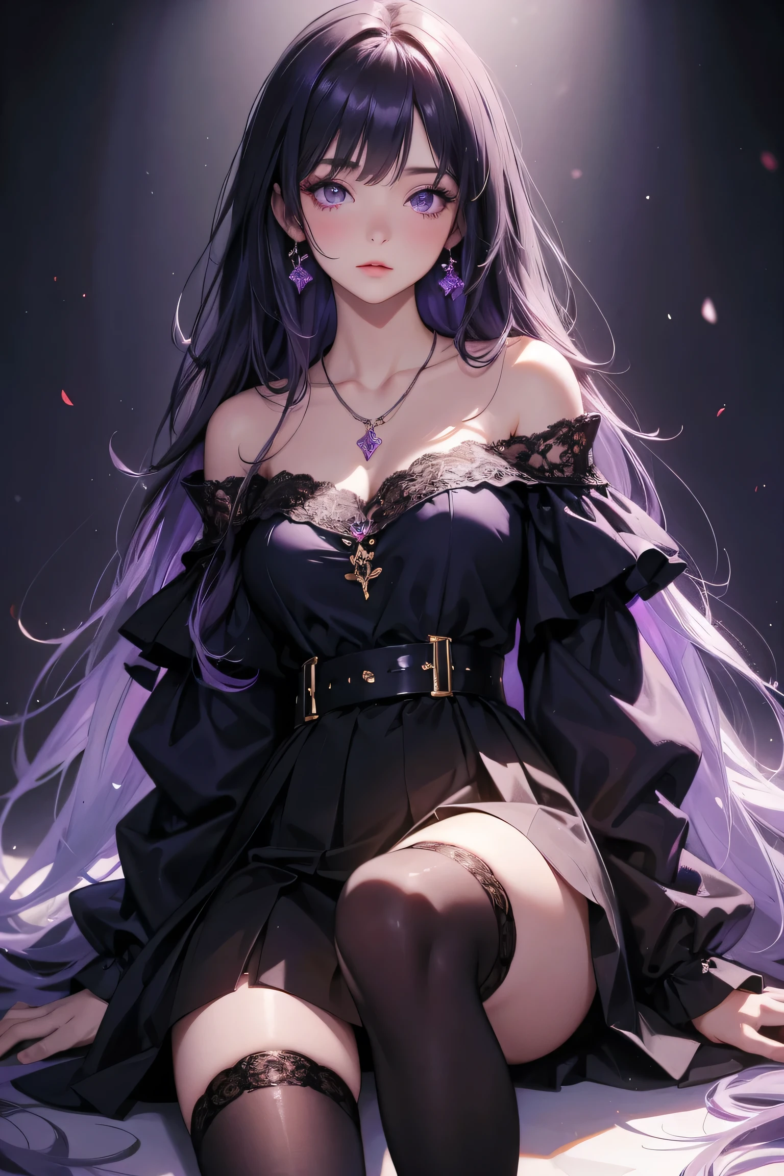 off shoulder dresasterpiece, best quality, high resolution, 1 girl, Super high resolution, alone, stockings, purple eyes, , long hair, Bangs,necklace
