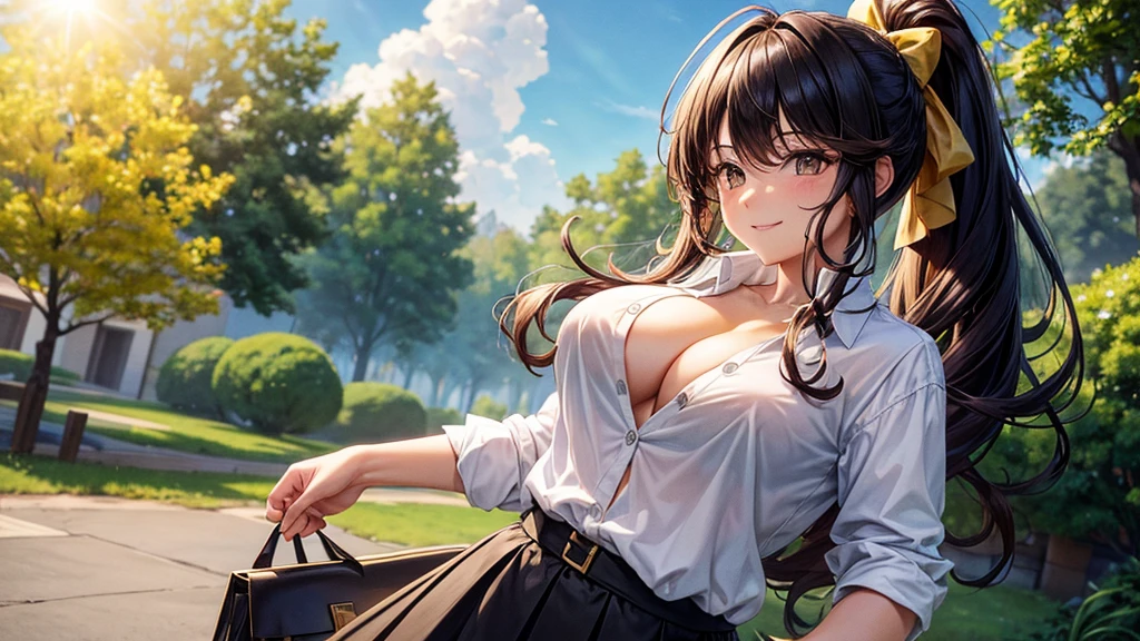 1girl, full body, solo, summer, village, trees, sun, clouds, ((colorful hair)), long hair, curly hair, ponytail, large breasts, ((black blazer)), button down shirt, ((white shirt)), ((short sleeved shirt)), ((unbuttoned shirt)), unbuttoning buttons, cleavage 1:3, brown eyes, skirt, smile, looking at the viewer, standing, hair ribbon, golden necklate