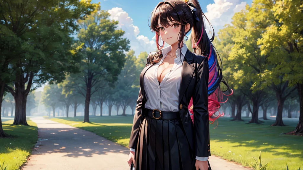 1girl, full body, solo, summer, village, trees, sun, clouds, ((colorful hair)), long hair, curly hair, ponytail, large breasts, ((black blazer)), button down shirt, ((white shirt)), ((short sleeved shirt)), ((unbuttoned shirt)), unbuttoning buttons, cleavage 1:3, brown eyes, skirt, smile, looking at the viewer, standing, hair ribbon, golden necklate