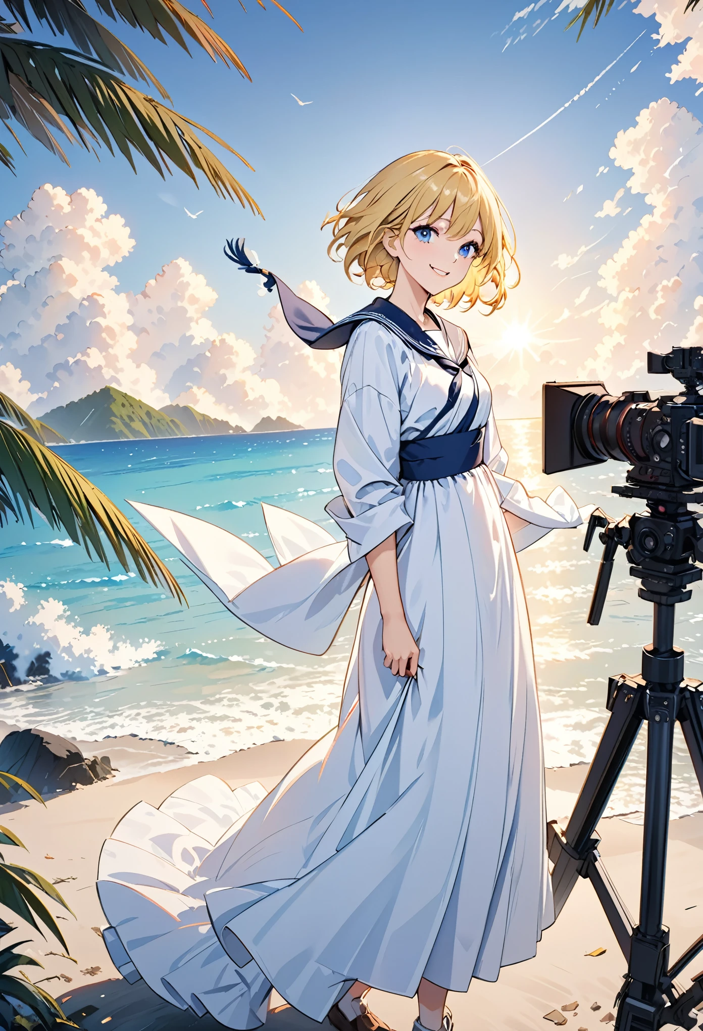 {{masterpiece, best quality, Extremely detailed CG, Unity 8k Wallpaper, movie lighting, }}, Sony α7, Wide frame, South Pacific, In the war with the Asian powers, The wind blows towards the Aegis ship, 1 girl, whole body, Smile, She is a U.S. Navy sailor., bule, 20 years old, Smile, Blonde Hair, Short Bob, blue eyes , Long eyelashes ,