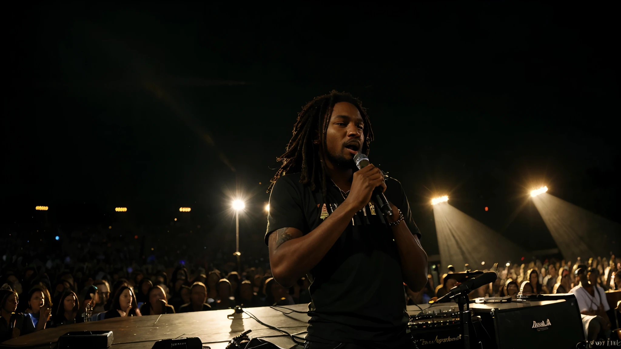 a high definition photo of a male reggae singer singing at a concert, spotlight lighting, at night, high definition, Canon EOS Rebel T100 Camera