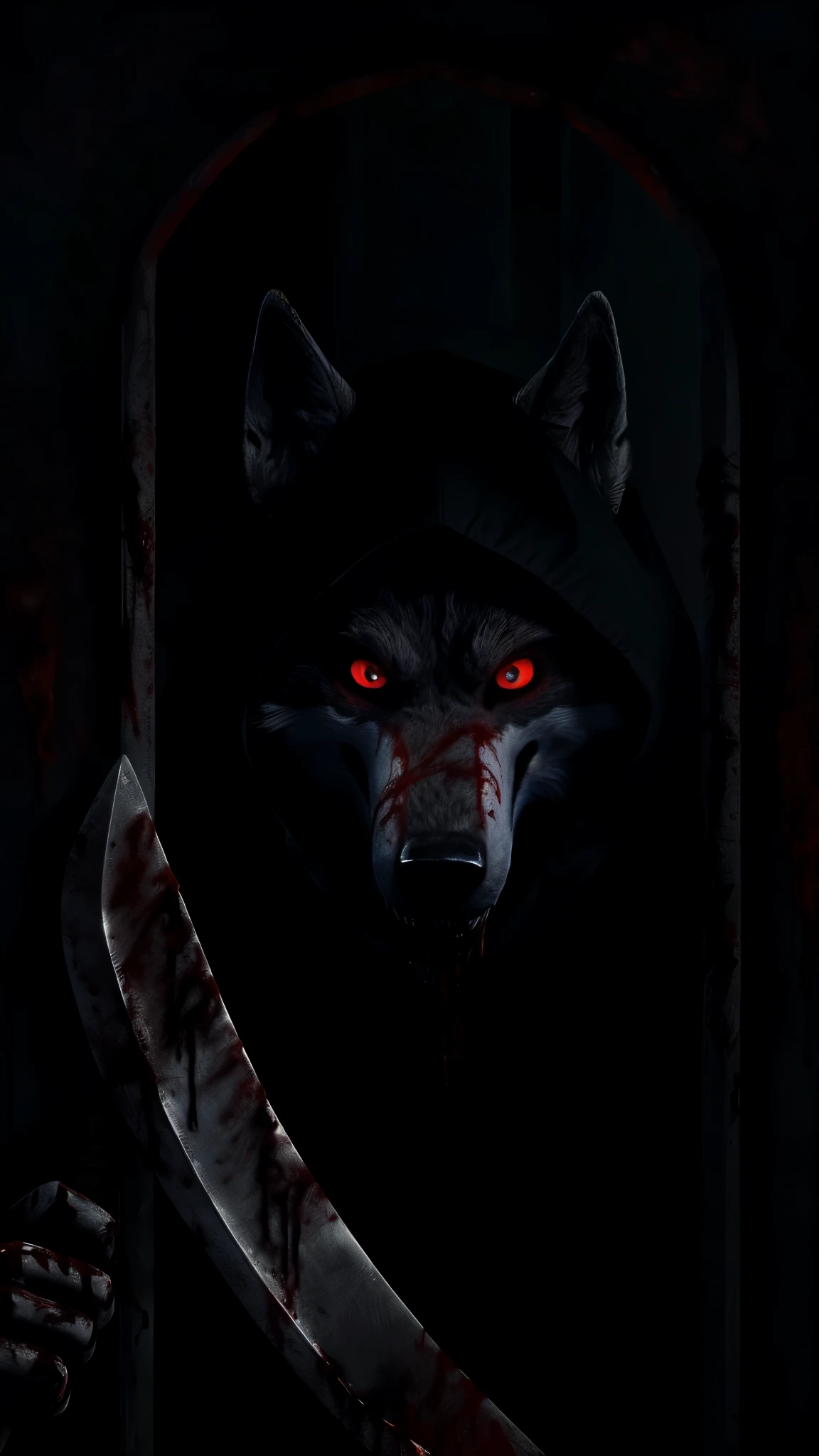 (horror art) death wolf scythes full of blood his body is full of blood (Halloween special) (Alone in a house looking into the soul of the viewer dark, dark red eyes) (Black hood cover) 