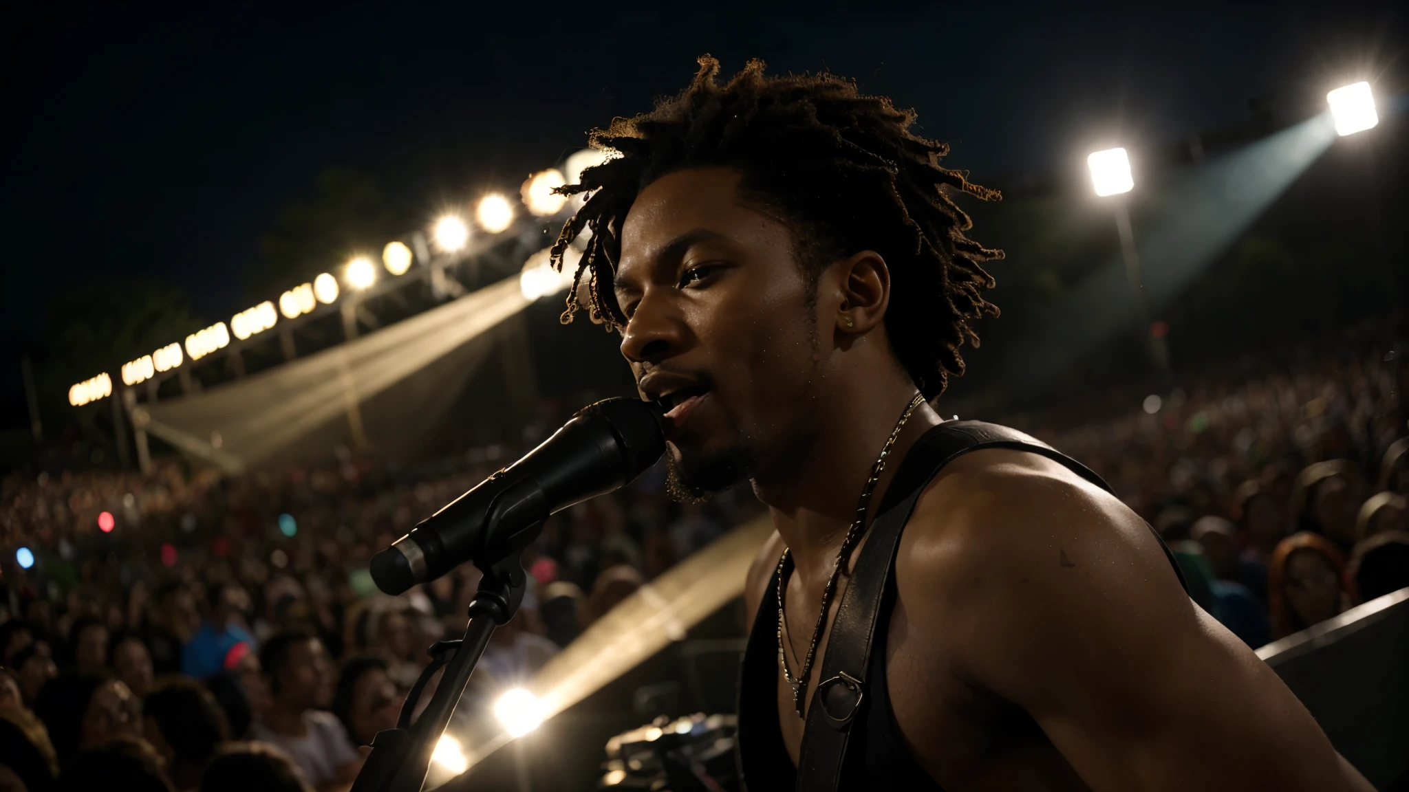 a high definition photo of a male reggae singer singing at a concert, spotlight lighting, at night, high definition, Canon EOS Rebel T100 Camera