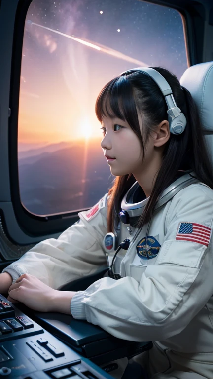 (8k, RAW photo, best quality, masterpiece:1.2), High detail RAW color photo, professional photograph, (realistic, photo realistic:1.37), ((best quality)),A beautiful japanese girl piloting an interplanetary space shuttle rocket,outer space, cockpit like a set from a science fiction movie,((the girl is 15 years old)),planets visible outside the window,