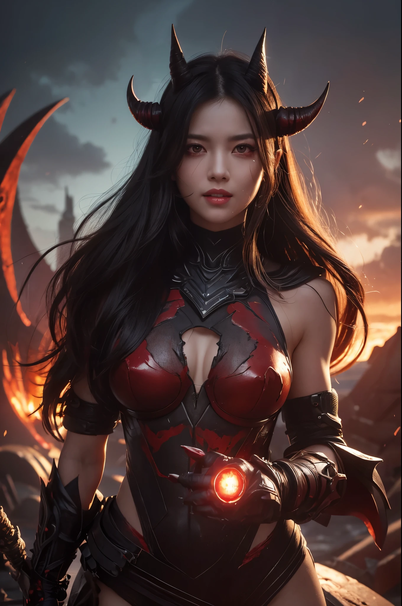 8K,A demon of the abyss with large, wild fangs.,Devil horns,Scary face,Strong and bulging muscles,Strong Macho,Tattered Gauntlets,Strong and big fist,Bright Red Eyes,Abyssal Land,Perfect Anatomy,charm,Volume measurement,Body balance,Digital single-lens reflex camera, Soft lighting, Detailed Background, Written boundary depth, Volumetric lighting, Sharp focus, Absurd, Realistic proportions, Excellent anatomy, (Realistic, 超Realistic:1.4), 16K HDR, dawn,A High Resolution,super Realistic 肌,Super beautiful expression,Fantasy art,Character Art,Wind effects:1.9、Cloud Effect:1.2、Full Rendering、Professional quality high resolution、Perfect contrast、Perfect lighting、Perfect composition、Perfect Skin、Perfect Fingers、Perfect breasts、Perfect Hair、Perfect Face、Realistic facial features,super highest quality,Slim figure,Perfect body line,Perfect hand shape,Anatomical body balance,Highly detailed face,Highly detailed eyes,Beautiful Lips,Excellent light particles,Cinema Lighting,Makeup,Ultra-high resolution,Ultra-Realistic Skin,Dynamic pose,Bright Red Eyes,Bathing the whole body with blood,Pump Up,Beastly smile,Sharp Eyes,Bloody,Blood splattered on face,
