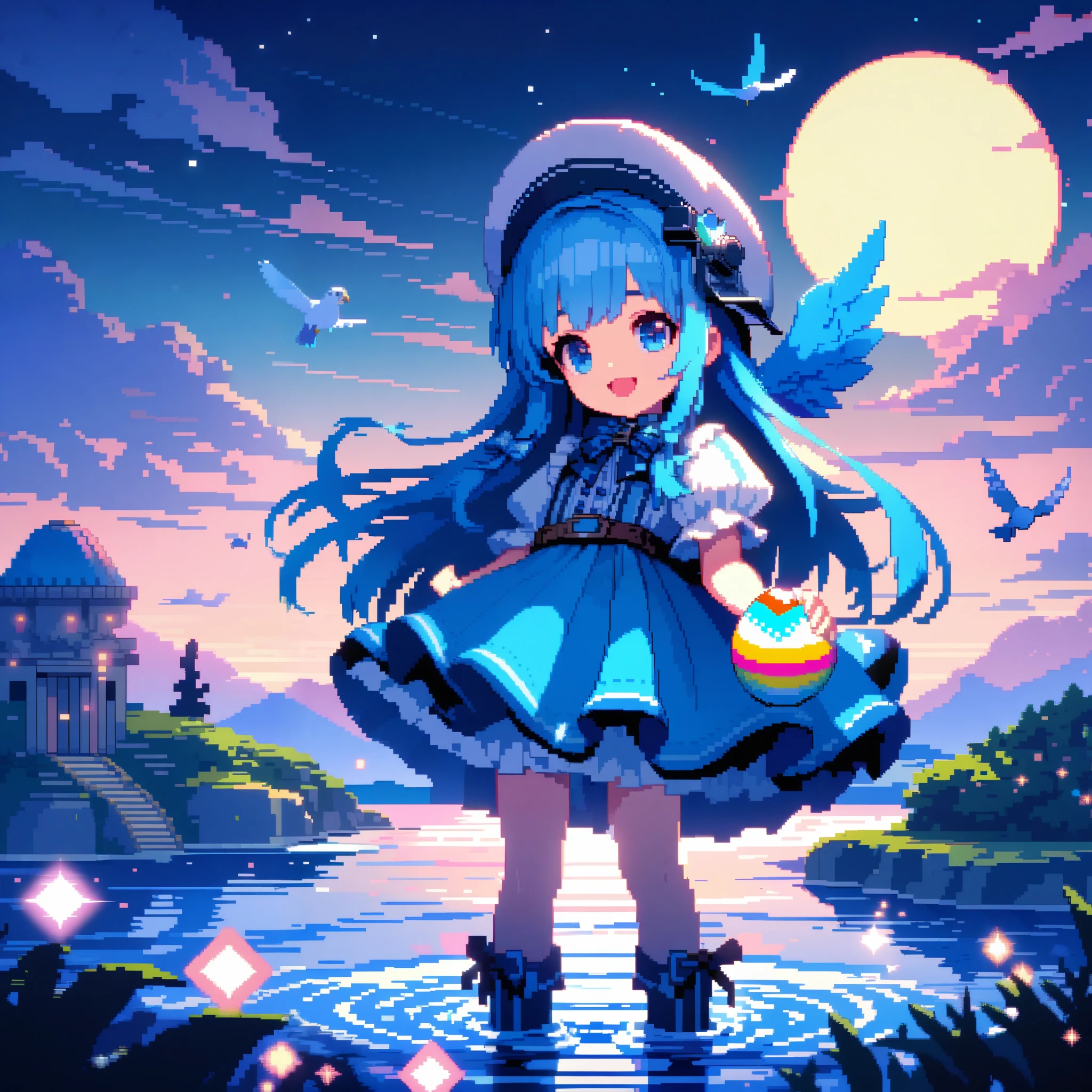 32k, best quality, ultra high res, HDR, UHD, extremely detailed CG, unity 32k wallpaper, A world full of eggs, 18-year-old, Holding a rainbow-colored egg in both hands, Very cute girl, Blue Hair, Long Hair, blue eyes, A beautiful and cute blue dress, from the front, A very beautiful sea background, Standing on the water, Particles that glow blue, bird, cloud, Egg with wings, Close your mouth and smile happily, A cute hat with blue feathers, (wing), full moon, In a retro 3D pixel art style, the cute robot cat with big claws and large guns is depicted with blocky, pixelated shapes and limited color palettes, reminiscent of classic video game graphics. The design evokes a nostalgic feel, with simple yet charming character designs and environments. The background is a pixelated, retro-futuristic landscape with geometric shapes and bright colors, reminiscent of vintage arcade games. This high-quality, high-resolution artwork, ideal for 16k wallpaper and 32k HD HDR, captures the nostalgic appeal of retro 3D pixel art, enhanced by Unreal Engine for smooth animations and vibrant retro visuals.
