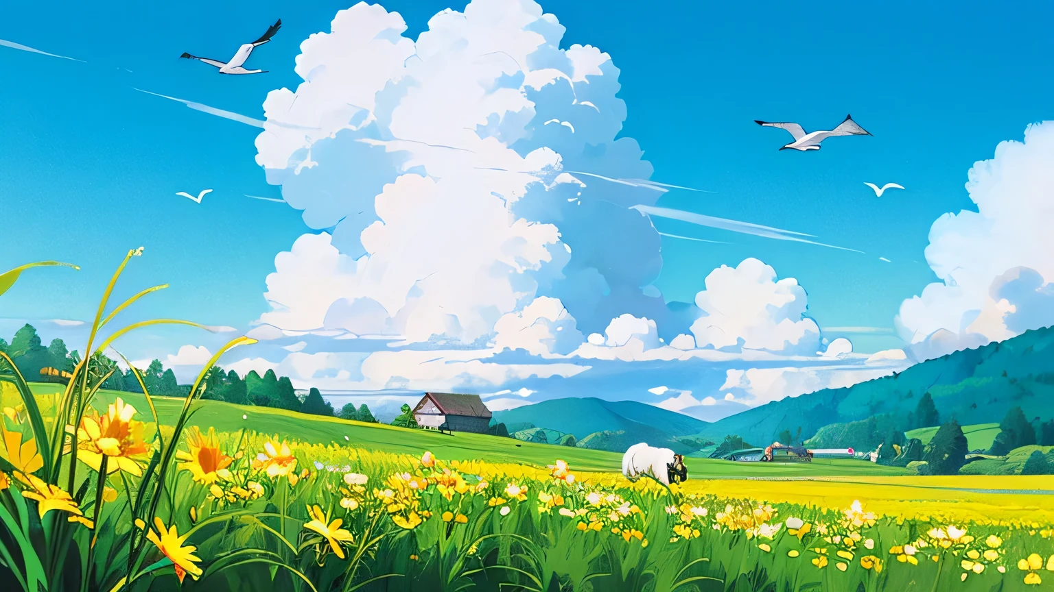 (((best quality))),blue_sky, cloud, cloudy_sky, condensation_trail, dandelion, day, field, flower, flower_field, holding_flower, horizon, kazami_yuuka, mountain, mountainous_horizon, outdoors, sky, straw_hat, summer, no human, house, bird, highland, white sheep