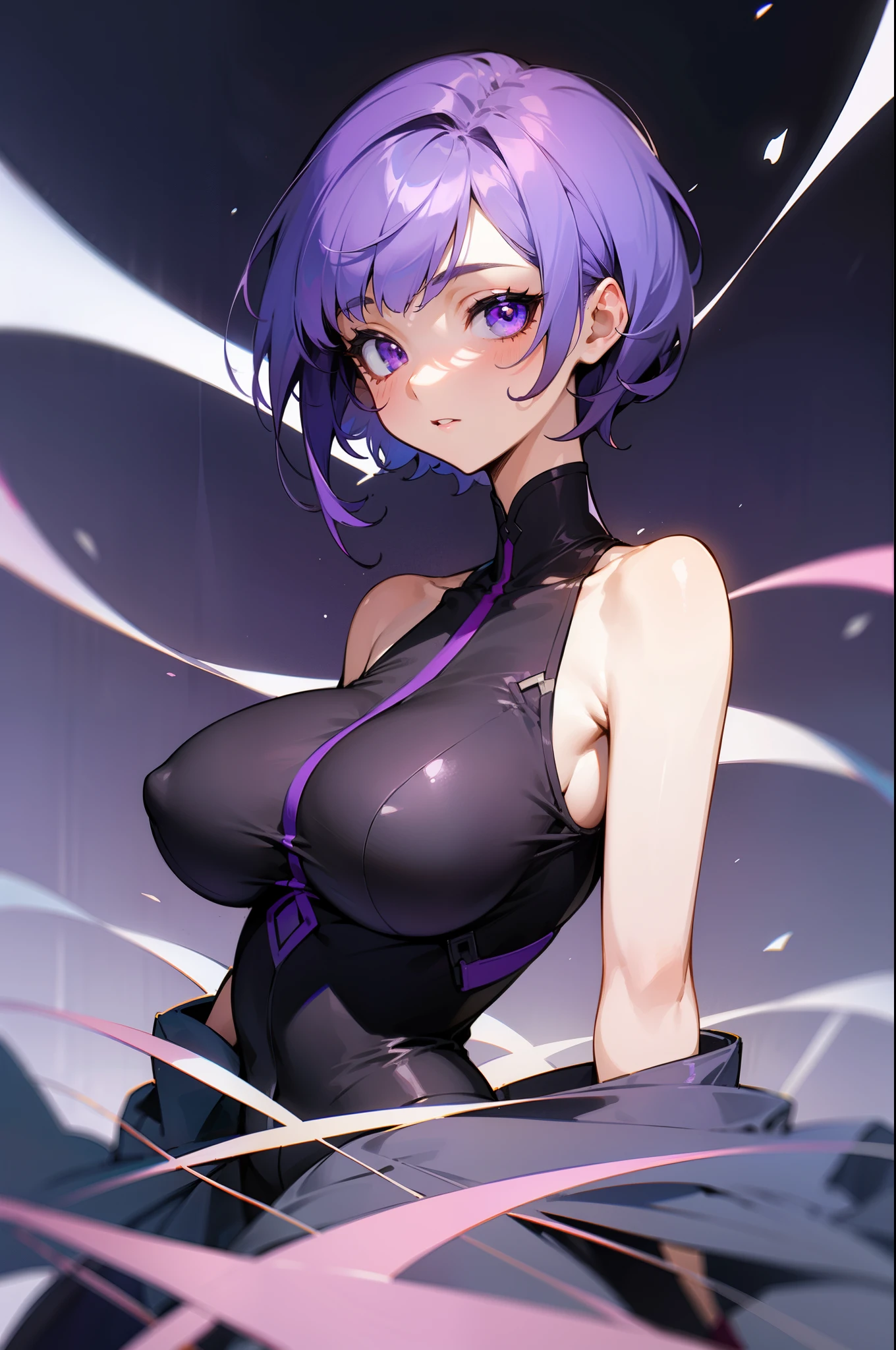 Girl, short purple hair, beautiful purple eyes, big breasts,💜🟣