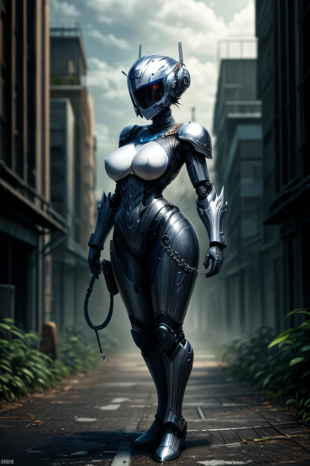 A female busty robot with blue metallic skin, BREAK red Angular chest armor, BREAK (silver beads of sweat of liquid metal on body:1.2),BREAK full body shot, future city, full face helmet