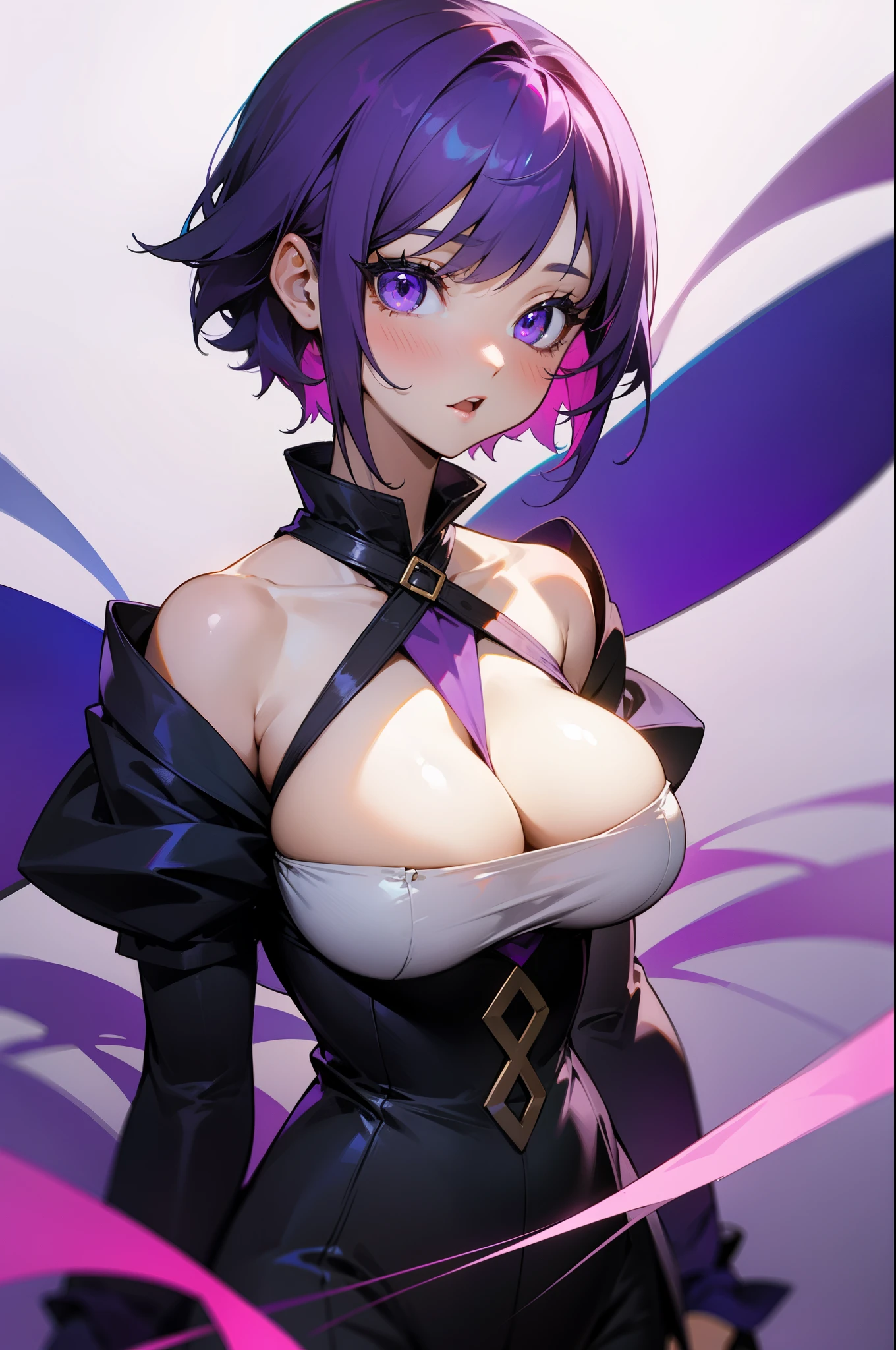 Girl, short purple hair, beautiful purple eyes, big breasts,💜🟣