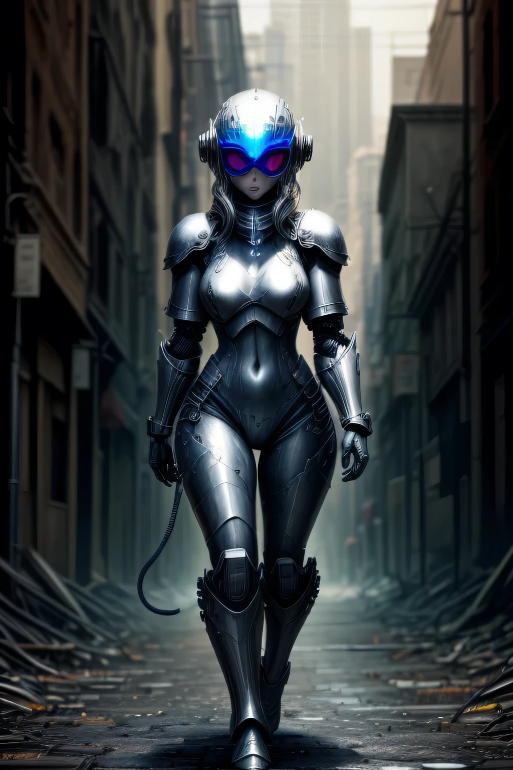 A female busty robot with blue metallic skin, BREAK red (chest armor:1.2), BREAK (silver beads of sweat of liquid metal on body:1.2), BREAK full body shot, future city, full face helmet