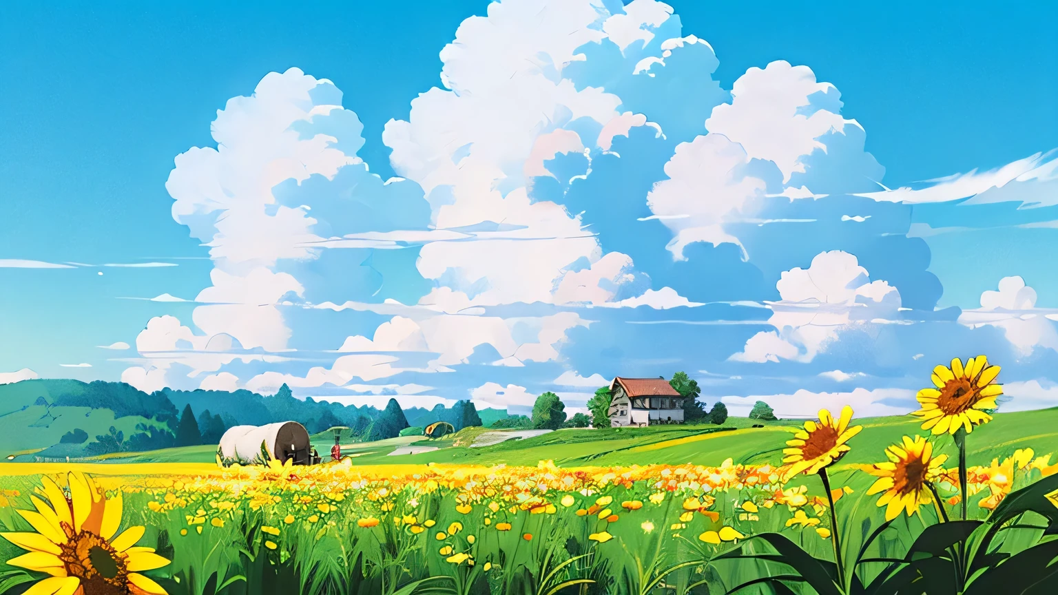 (((best quality))),blue_sky, cloud, cloudy_sky, condensation_trail, dandelion, day, field, flower, flower_field, holding_flower, horizon, kazami_yuuka, mountain, mountainous_horizon, outdoors, sky, straw_hat, summer, no human, house, bird, highland, white sheep