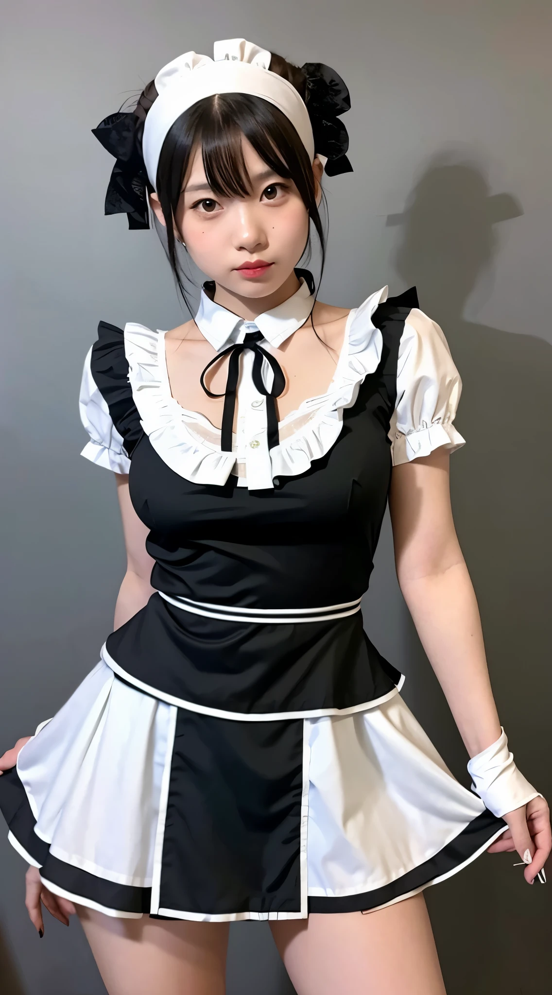 A young woman dressed in a maid-style cosplay outfit, featuring a subtly revealing neckline and an extremely short mini skirt that barely covers her thighs. Her attire includes classic maid elements such as a black and white color scheme and an apron, with the very short mini skirt prominently highlighting her legs and adding a daring, playful, and enticing charm to her look