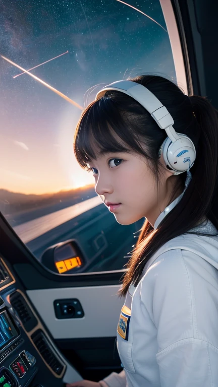 (8k, RAW photo, best quality, masterpiece:1.2), High detail RAW color photo, professional photograph, (realistic, photo realistic:1.37), ((best quality)),A beautiful japanese girl piloting an interplanetary space shuttle rocket,outer space, cockpit like a set from a science fiction movie,((the girl is )),planets visible outside the window,