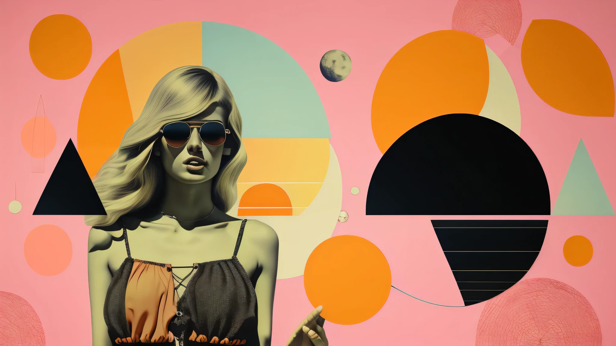 There is a triangle and a crescent moon above his head.、Beautiful blonde European woman in a swimsuit with sunglasses on a pink background with orange circles