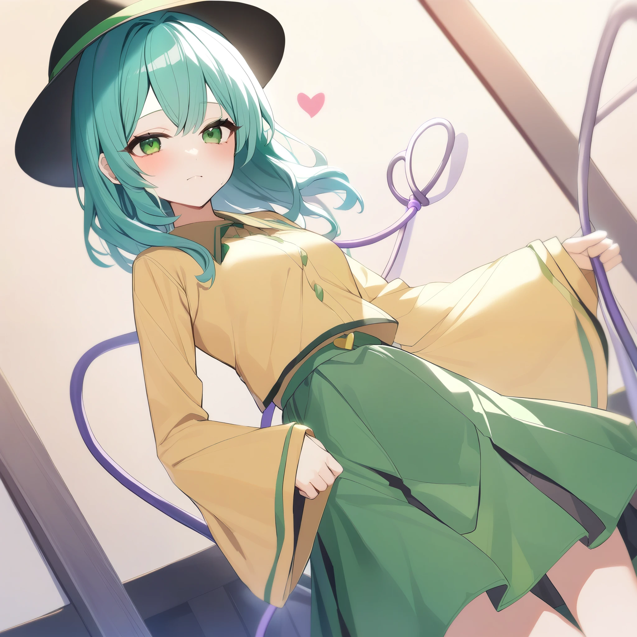 masterpiece,highest quality,koishi_East, komeiji_koishi_East, 1人of女of子,15 years old,length_sleeve, wide_sleeve, yellow_shirt, heart_of_string, green_skirt,Idol